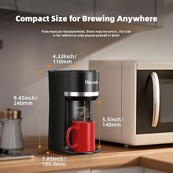 Horavie Small Single Serve Coffee Maker for K Cup and Grounds, Fast Brew One Cup Coffee Machine with One Button, 6 to 12 oz. Brew Sizes, Perfect for Home and Travel, Black