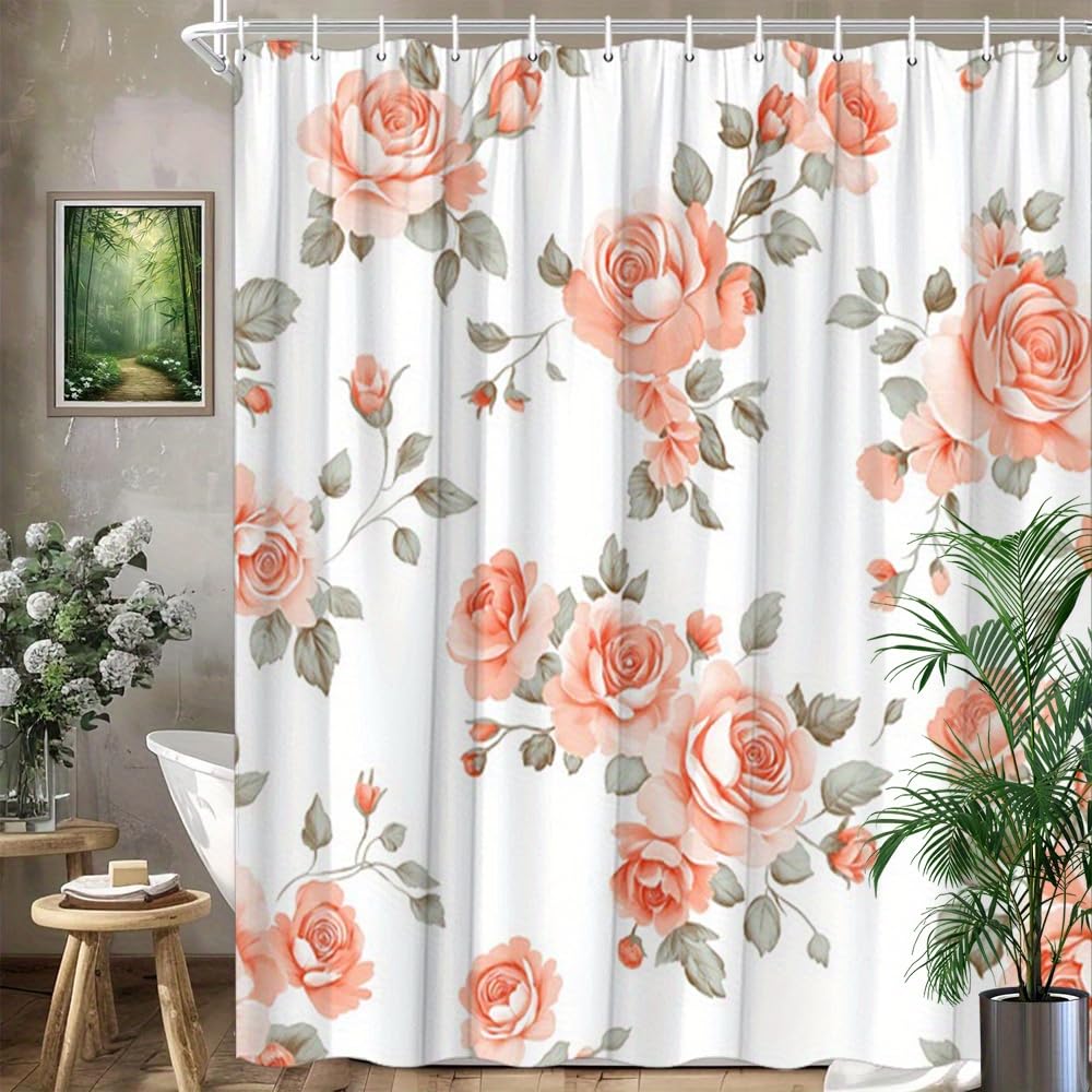 GLWDMB 1 Piece 180x200CM Vintage Peach Coral Roses Printed Shower Curtain With Hook, Polyester, for Windows And Walls, Bathtub, Bathroom, Machine Washable, All Season Universal
