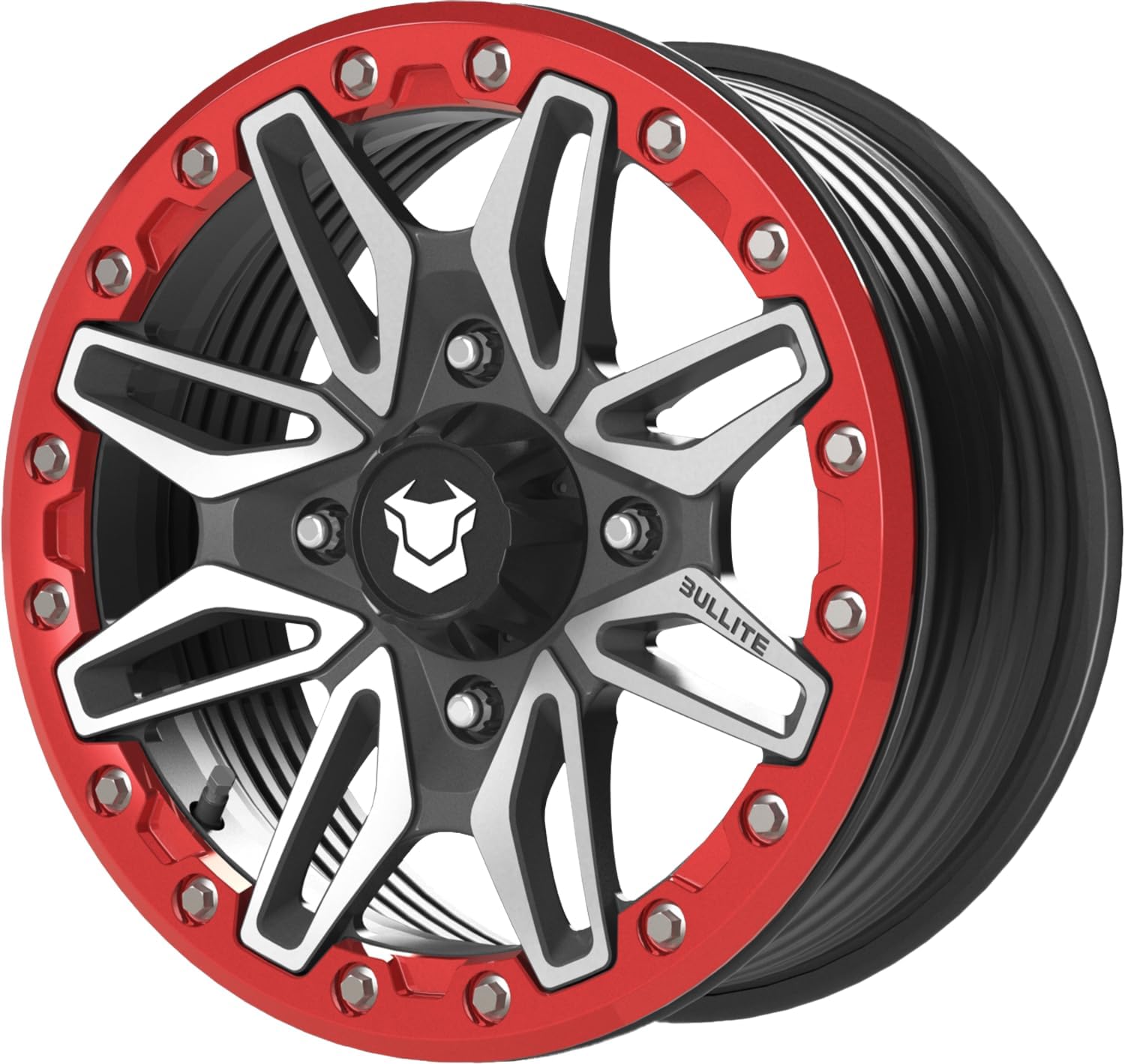 Bullite BT PRO-02 Warden FORGED UTV Wheel with RIB Rim Black Rim and Red Beadlock 15x7, 4x137 Bolt Pattern, 5+2 Offset, Compatible with Can-Am Maverick X3 Commander Renegade Outlander Defender