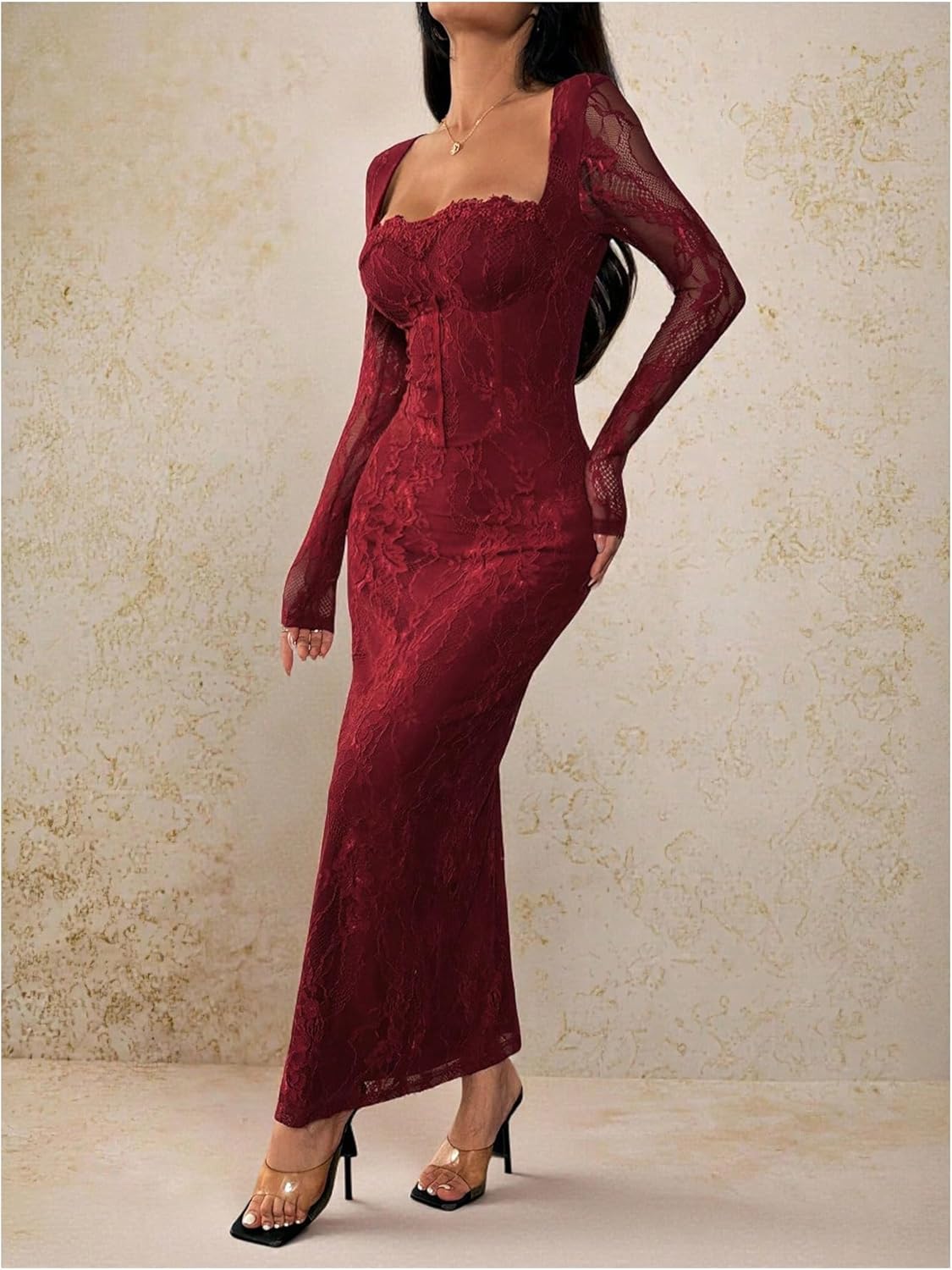 OYOANGLE Women's Floral Lace Slit Back Fishtail Long Dress Square Neck Cocktail Bodycon Dresses - Image 5