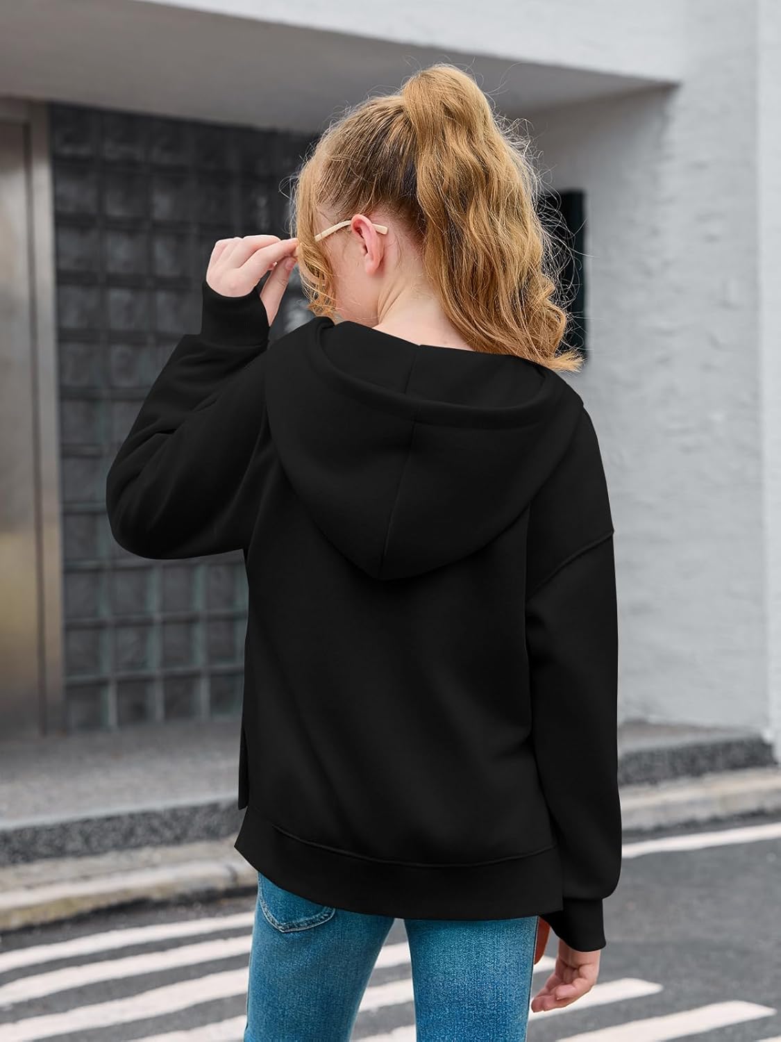 Haloumoning Girls Athletic Quarter Zip Fleece Hoodies Kids Side Slits Sweatshirts Thumb Hole Pullover Tops 5-14 Years - Image 5