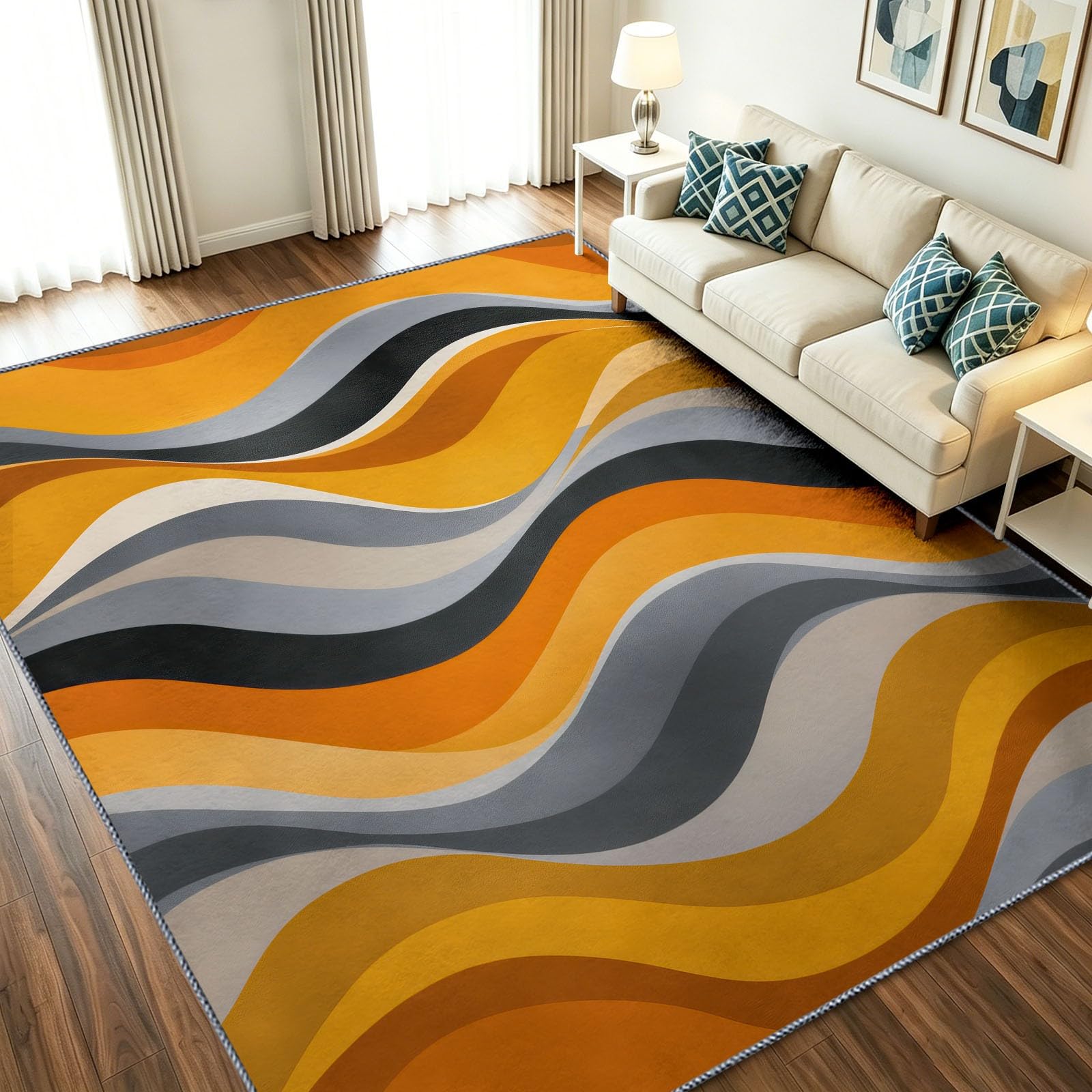 Tapis de salon doux haut de gamme aux courbes rétro couleur fauve