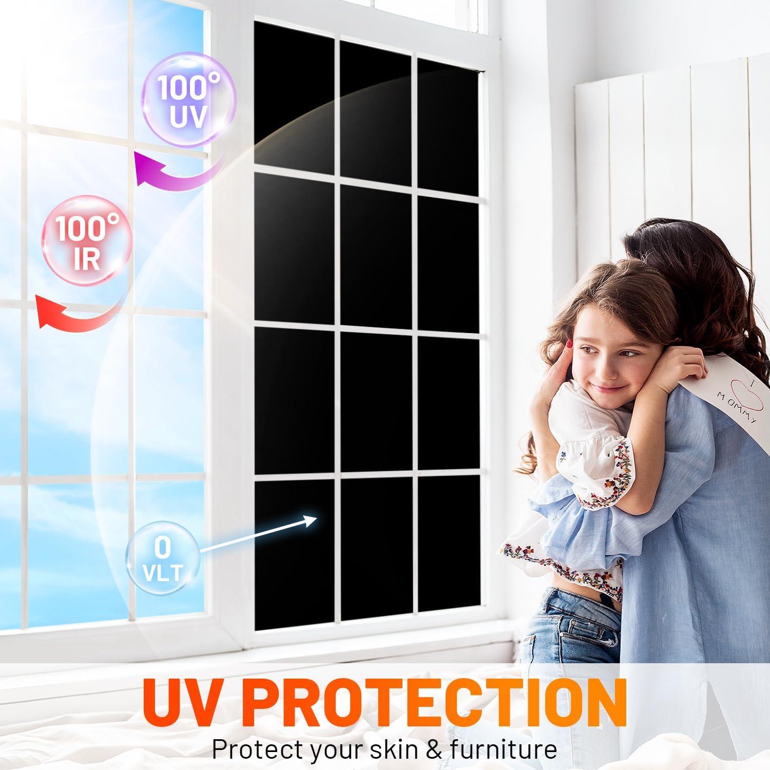 NIDOJP Total Blackout Window Film with Installation Tools, 24in x 6.5ft Removable Self-Adhesive Glass Privacy Covering, Heat Control UV Protection Darkening Sticker for Low-Level Floor Home Bedroom
