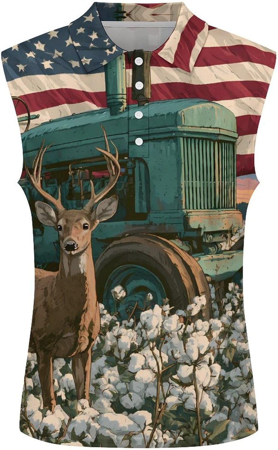 Deer Tractor and U.S. Flag Women Sleeveless Collared Golf Polo Shirt | V Neck Tank Top,Breathable Tennis Shirts