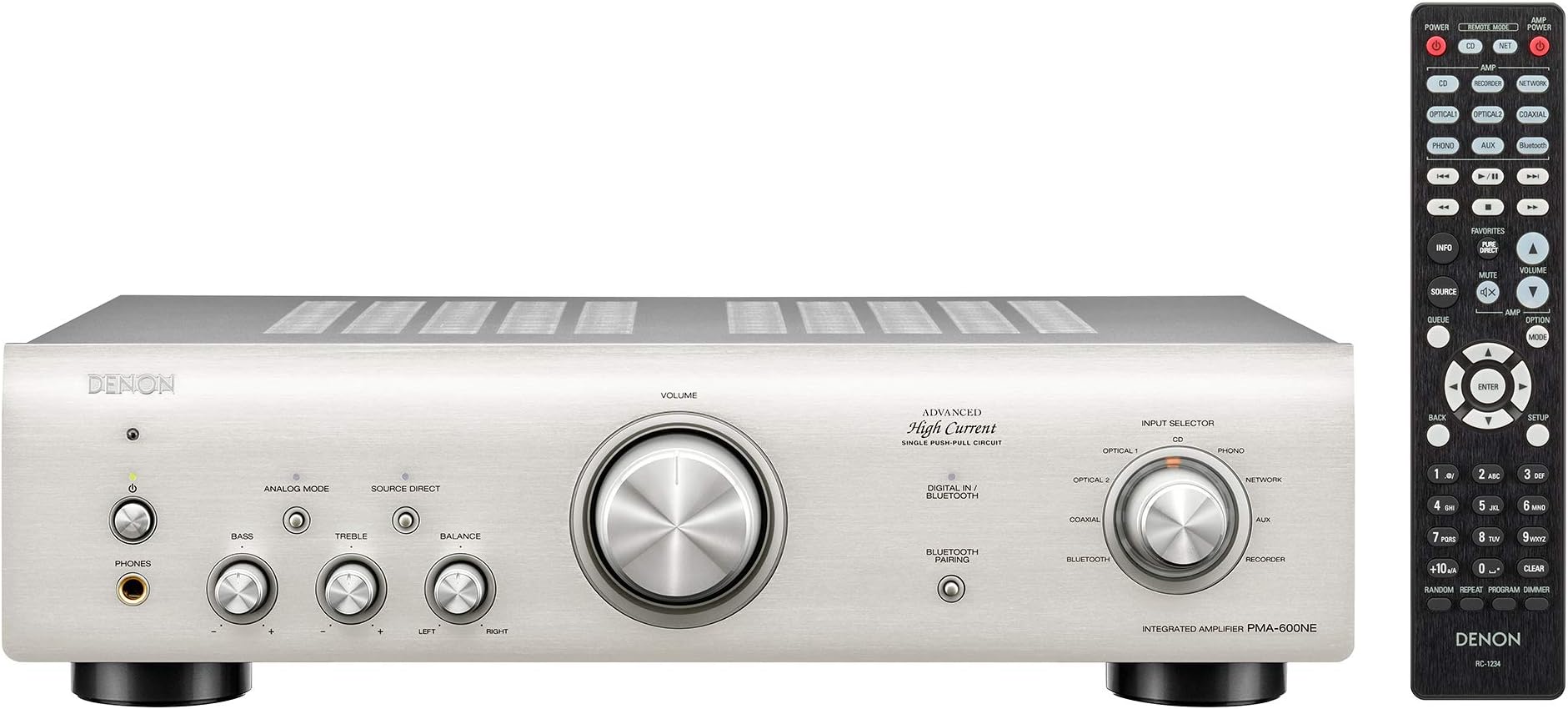 PMA600NE HiFi Amplifier, Power Amplifier with Bluetooth, Phono Equalizer, 1x Coaxial & 2x Optical Inputs, Subwoofer Output, Analog Mode, Music Streaming - Silver