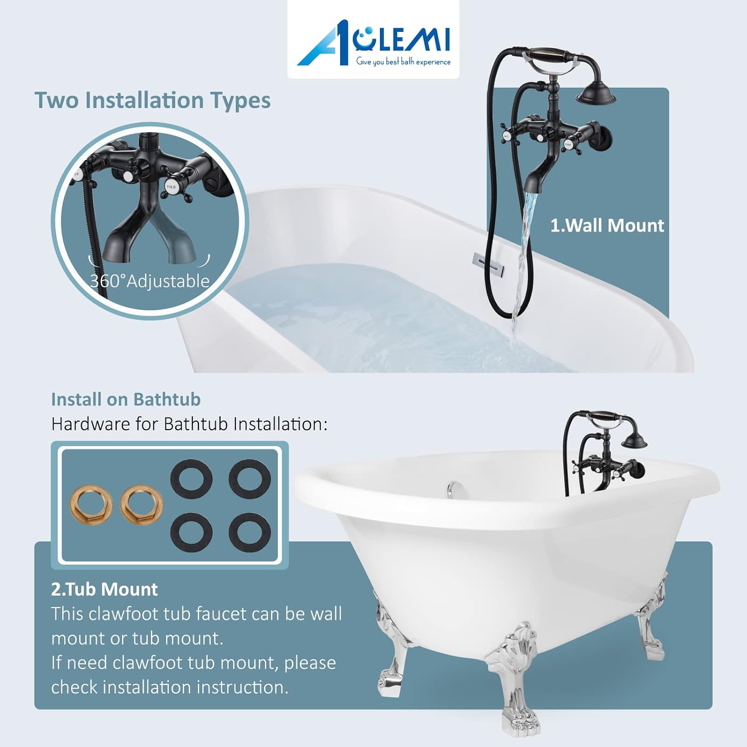 Aolemi Clawfoot Tub Faucet Oil Rubbed Bronze Wall Mount Bathroom Tub Filler with Hand Held Shower Sprayer Vintage Bathtub Faucet Set Double Cross Handle