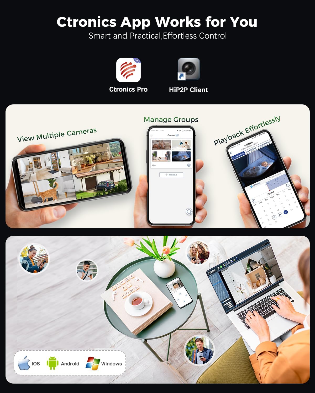 Ctronics app interface on smartphone showing multiple camera views and playback options