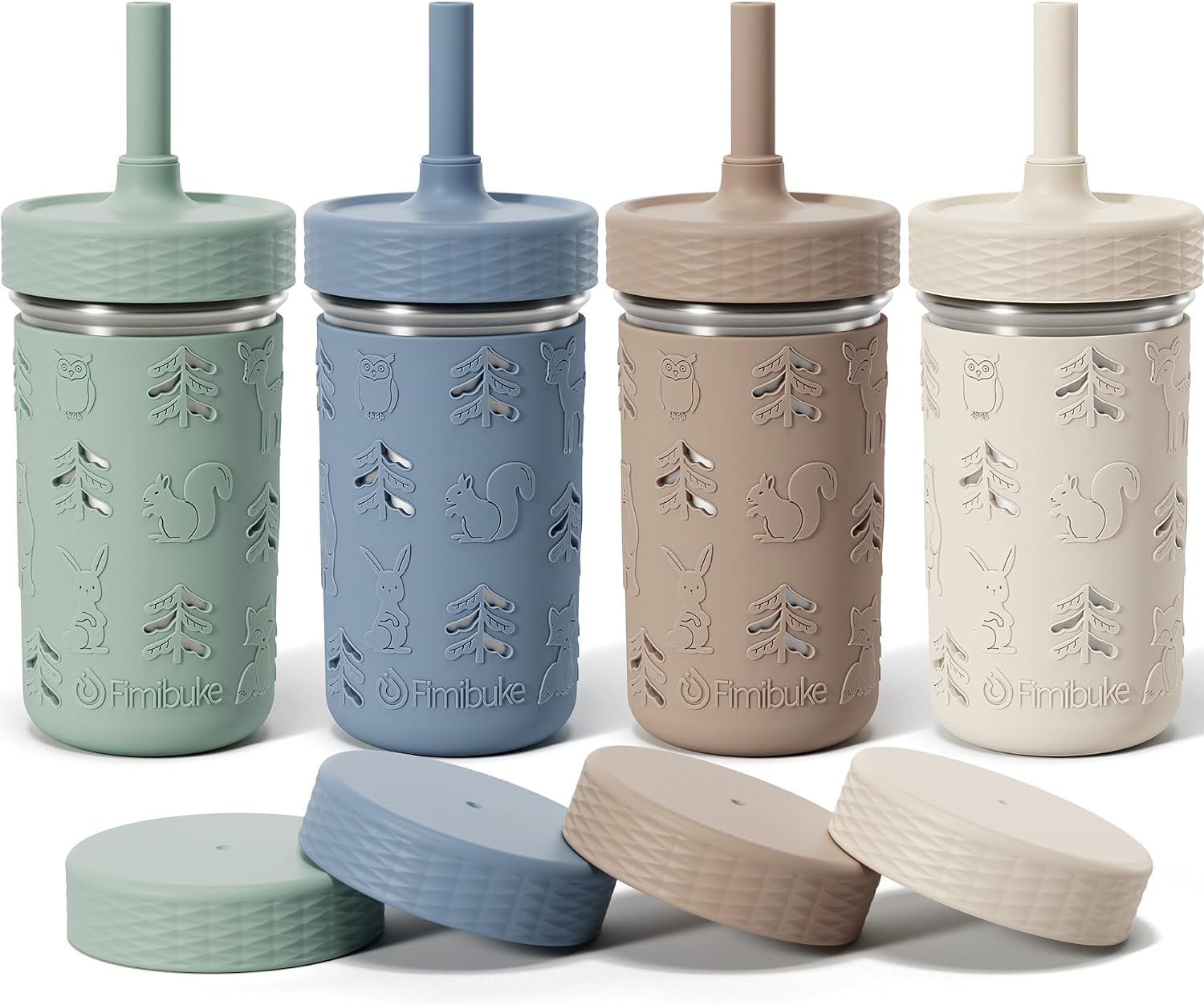 Fimibuke Toddler Cups Spill Proof, 12 OZ Sippy Cups for Kid Girl Boy, Stainless Steel Tumbler with Lid, Removable Silicone Straw & Sleeve, BPA Free Dishwasher Safe Water Bottle Snack Container 4 Pack