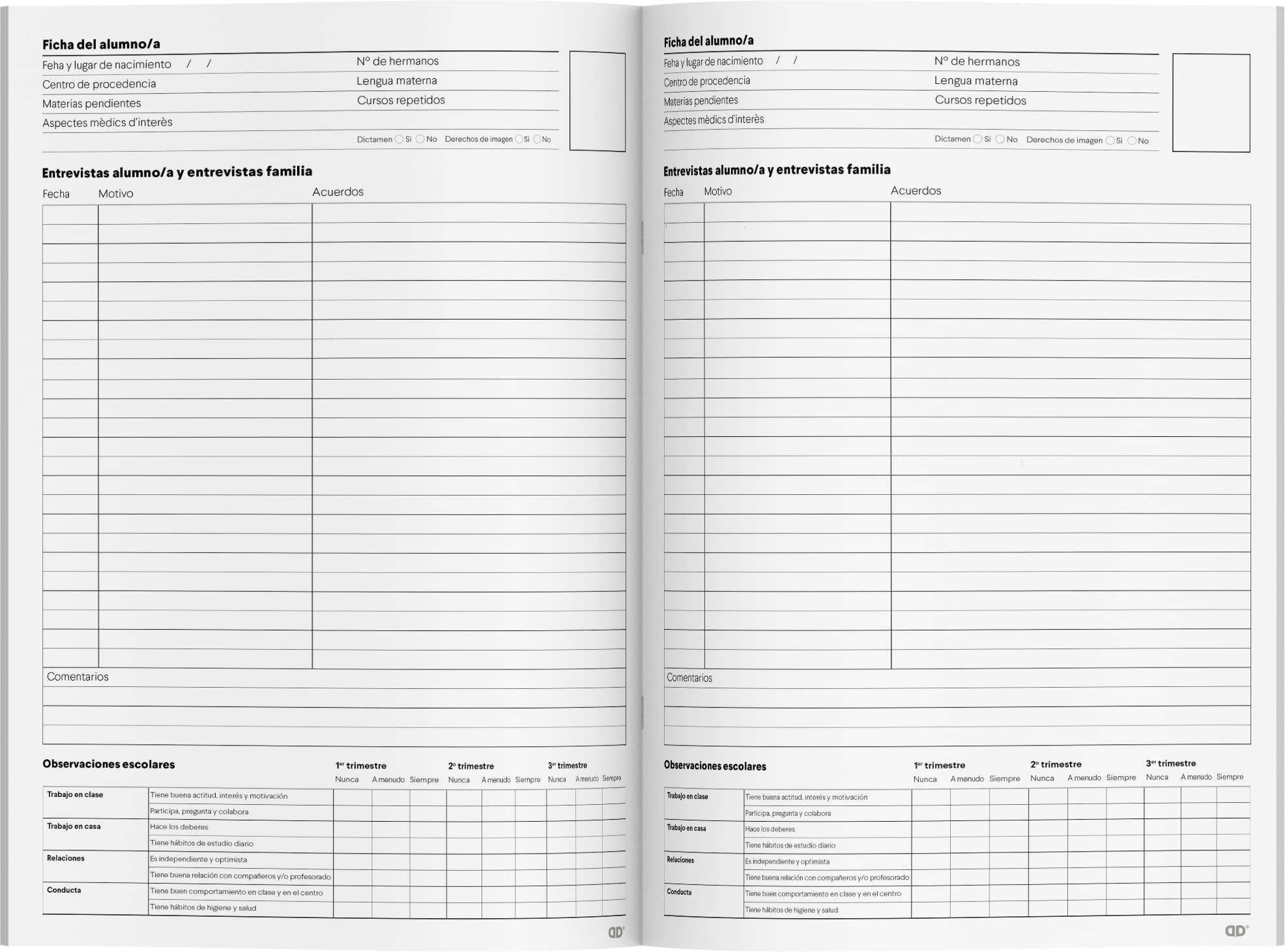 ADDITIO - Cuaderno Dúplex para el profesorado | Evaluación continua | Seguimiento del alumnado | Registro de asistencia por meses | Tamaño A4 | Español | Azul