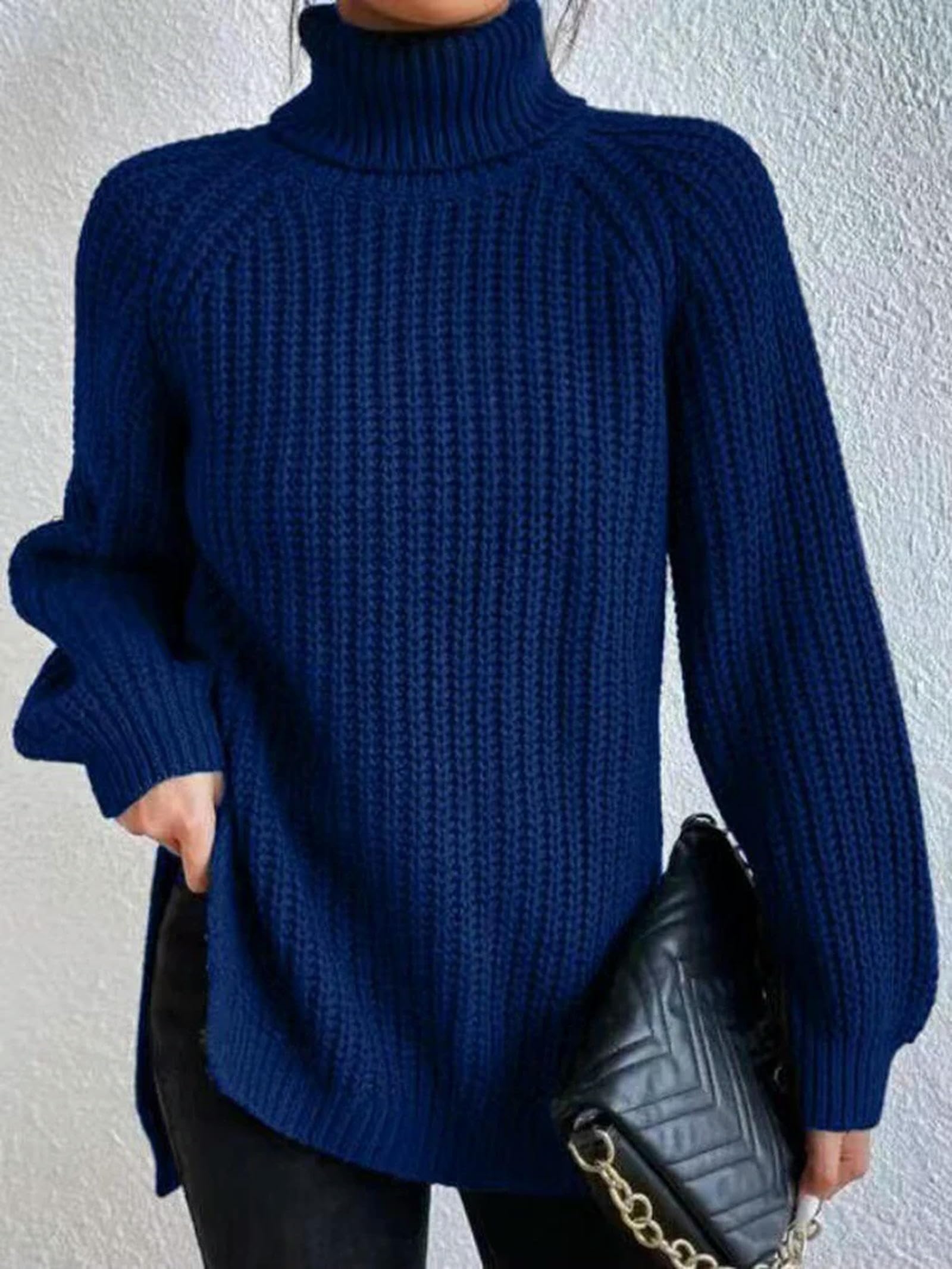 Sweter dla kobiet jesień zima luźny długi rękaw golf sweter damski jednolity kolor miękki sweter z dzianiny średniej długości