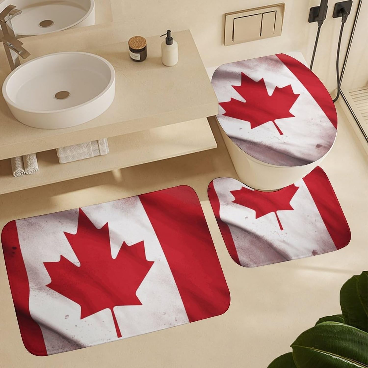 Canadian Flag Shower Curtain Set 4 Piece, Non-Slip Bath Mat with Toilet Lid Cover and Waterproof Shower Curtain with 12 Hooks, Complete Bathroom Set for Home Decor