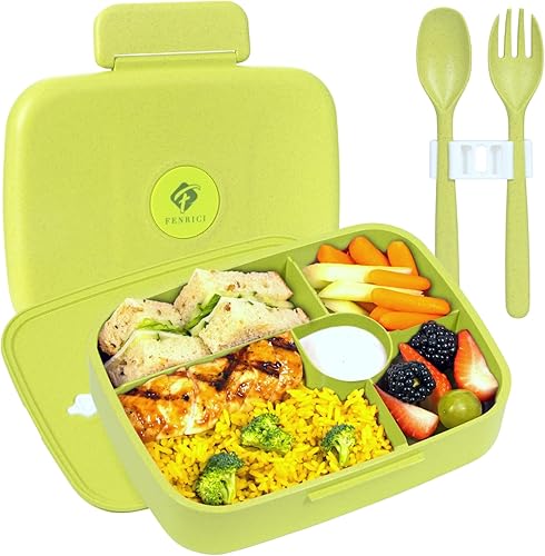 Fenrici Lonchera Bento para niños, 5 compartimentos a prueba de fugas, apta para microondas y lavavajillas, sin BPA, apta para alimentos, 60% paja