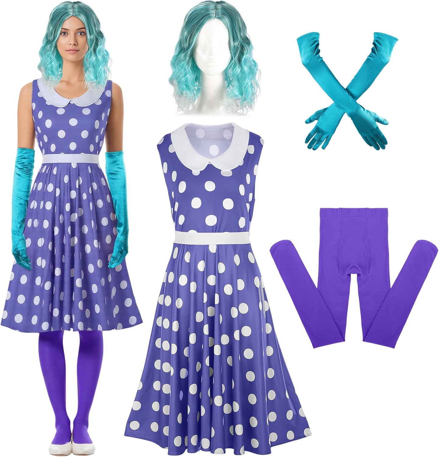 Chuangdi 4 Pcs Halloween Inside Costume Purple Dot Dress Turquoise Curly Wig Gloves Stockings for Women Cosplay Party