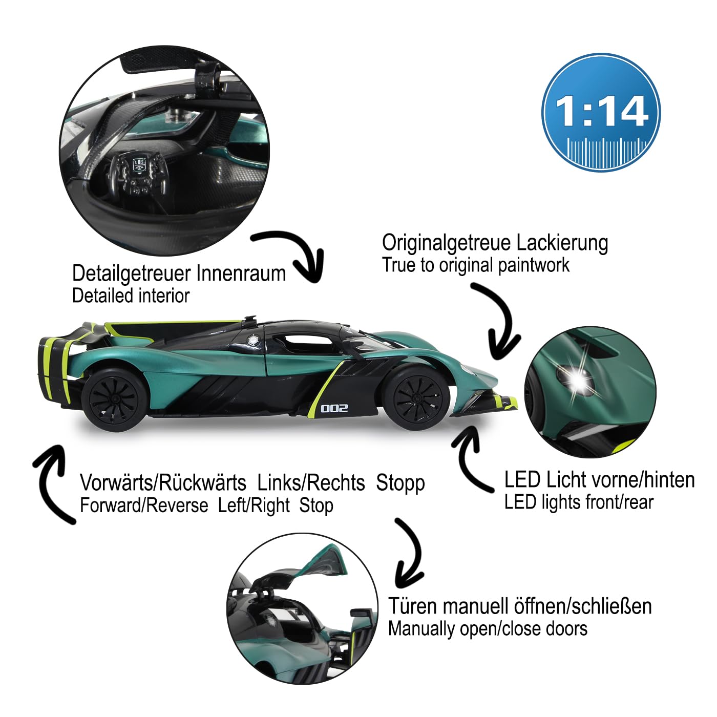 Aston Martin Valkyrie AMR Pro 1:14 ciemnozielony 2,4 GHz drzwi ręczne – oficjalnie licencjonowane, szczegółowe wnętrze, wierne lakierowanie, przezroczysta szyba przednia, światło LED, samochód RC