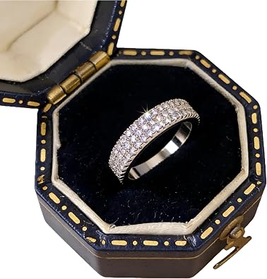 AZQ 925 Sterling Silver Shiny Full Diamond Ring Three Rows Cubic Zirconia Rings CZ Diamond Multi Row Ring Eternity Engagement Wedding Band Ring for Women TZ.8