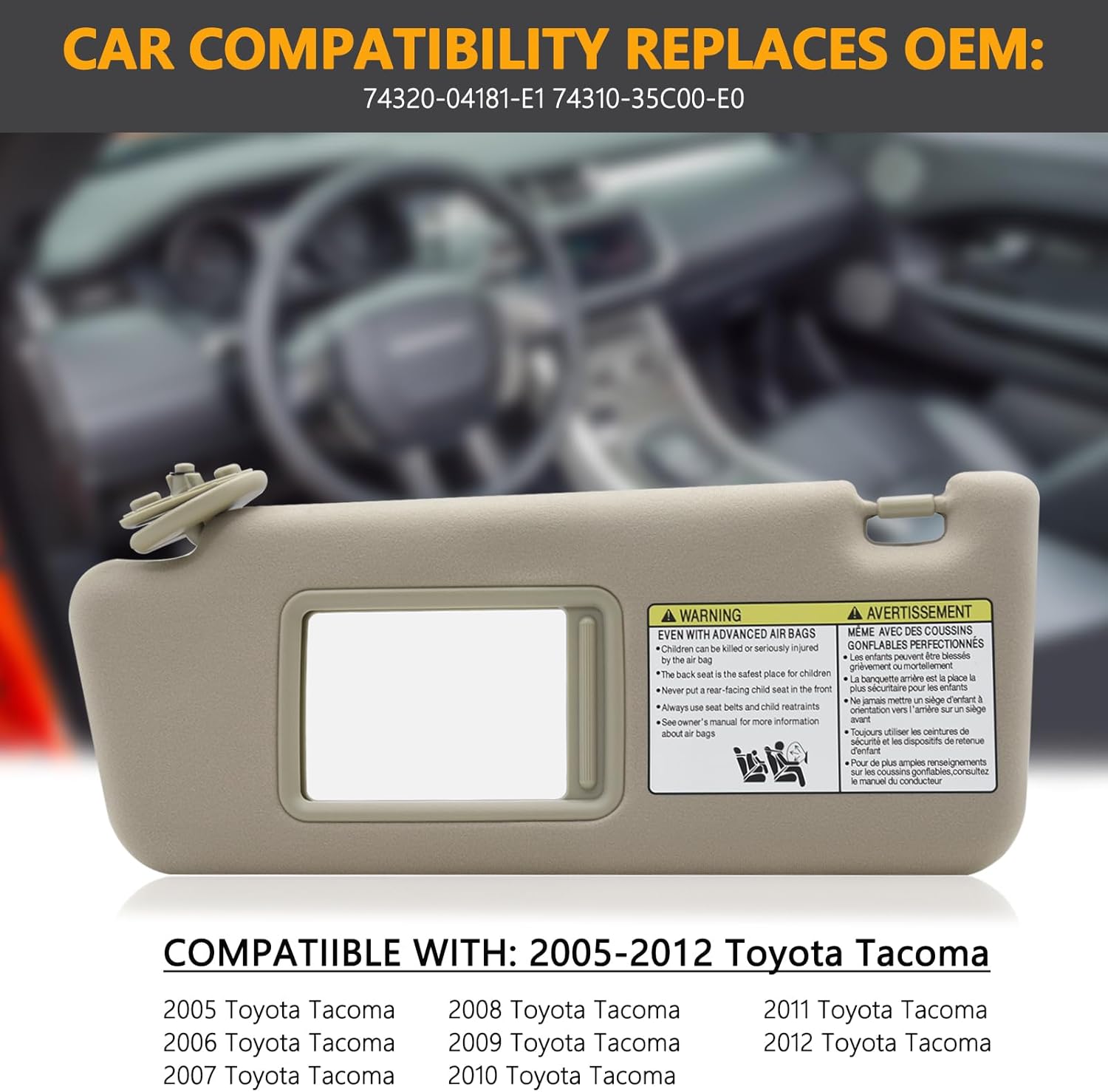 KAOLALI Left Driver & Right Passenger Side Sun Visors for Toyota Tacoma 2005-2012 Beige Without Light Tacoma Sunvisor Replacement 74320-04181-E1 74310-35C00-E0