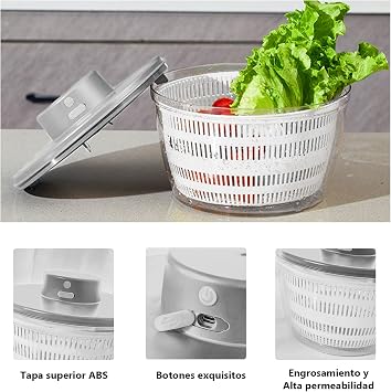 Electric Salad Spinner, 4L Lettuce Spinner Large Capacity USB Chargeble Fruit Vegetable Washer Dryer for Home Kitchen (Gray)