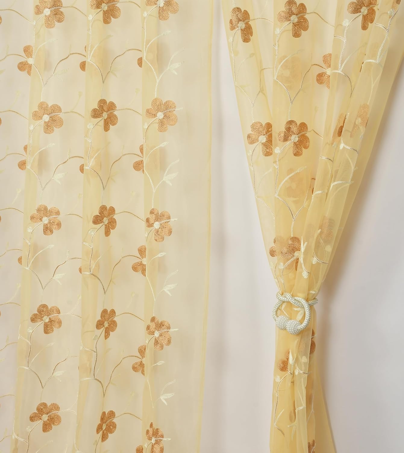 Sheer Curtains Flower Print Vine Embroidery Bedroom Curtain Rod Pocket Voile Window Curtains for Living Room (Golden, 5-feet)-image-7