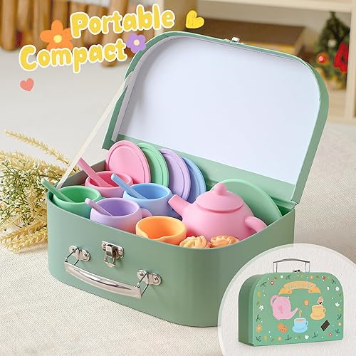 Miniatura 7 de Golray Juego de té de silicona para niños pequeños de 3 a 5 años, juego de 22 piezas de fiesta de té lavable con caja de almacenamientopaño de