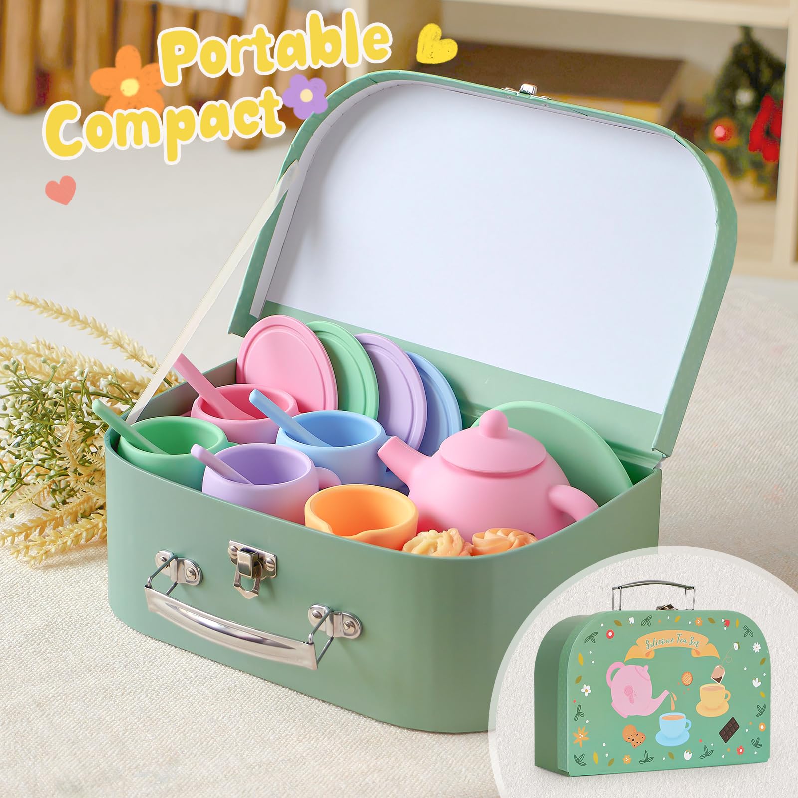 G.C Silikon Teeservice Kinder Spielzeug Kinderküche Zubehör mit Teekanne, Tassen, Teller, Löffel, Süßen Desserts, Teeparty Rollenspiele, Küchenspiele, Geschenke für Mädchen Jungen 3 4 5 6 7+ Jahre