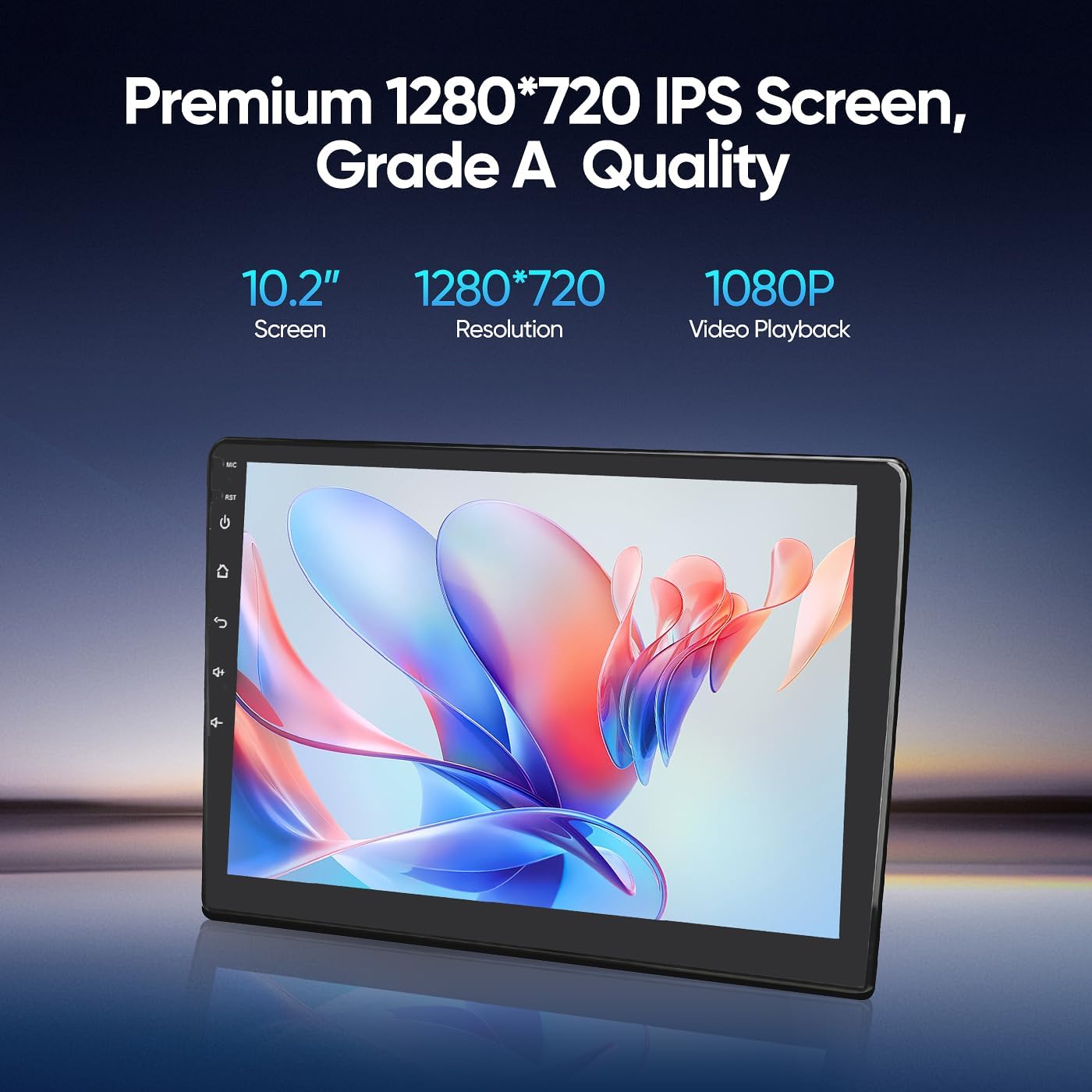Close-up of the AINAVIGO 10.2-inch IPS screen, highlighting its 1280x720 resolution and 1080P video playback capability.