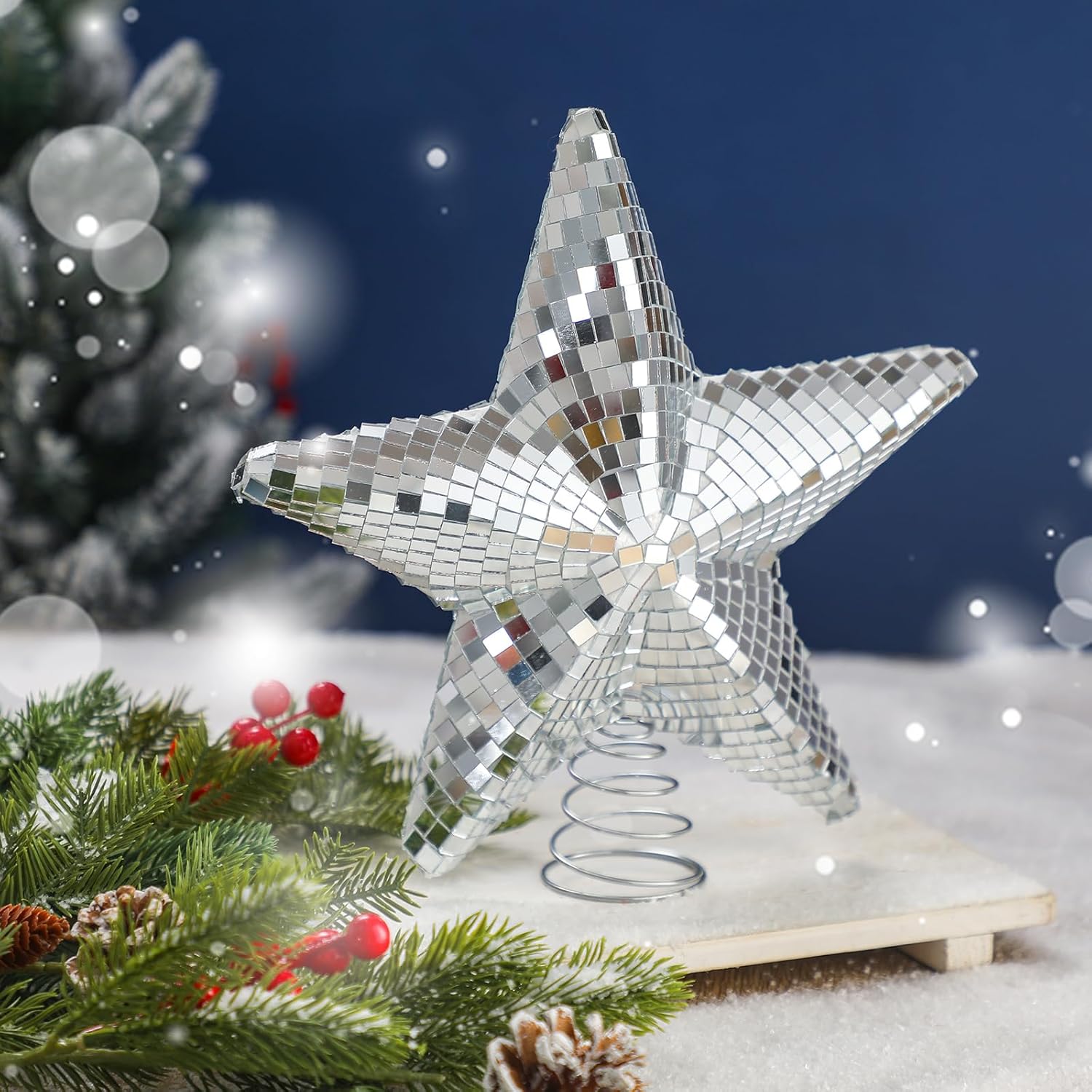 12 Inch Disco Star Christmas Tree Topper Silver Disco Christmas Tree Star Mirror Reflective Decorations for Xmas Party Holiday Outdoor Indoor Home Ornaments