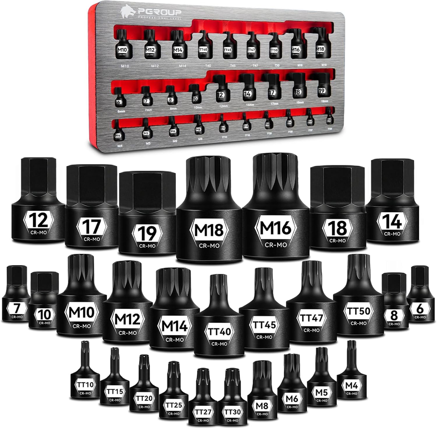28-Piece Low Profile Impact Socket Set, 1/4", 3/8" & 1/2" Drive Metric socket set, Hex 6-19mm, Torx TT10-TT50, Spline M4-M18 with CR-MO Steel