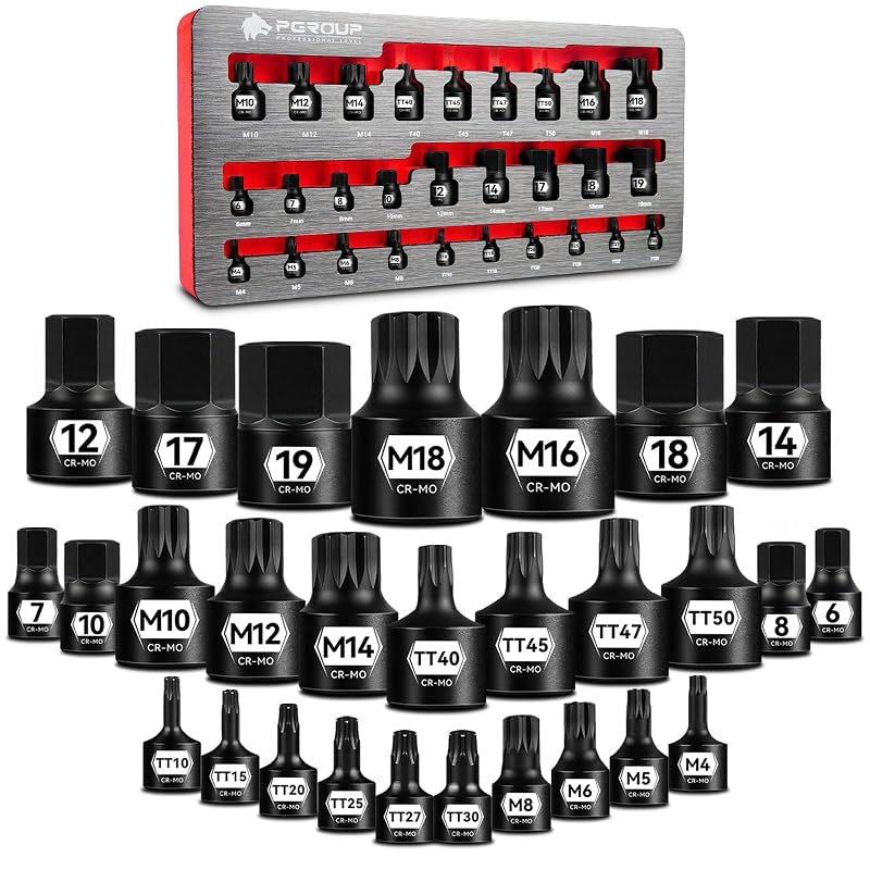 Jogo de Soquetes de Impacto CR-MO com 28 Peças, Perfil Baixo, Torx Tamper-Proof, Hexagonal Métrico e Triple Square XZN, Encaixes de 6,35 mm, 9,5 mm e 12,7 mm, zhax PV-ST028