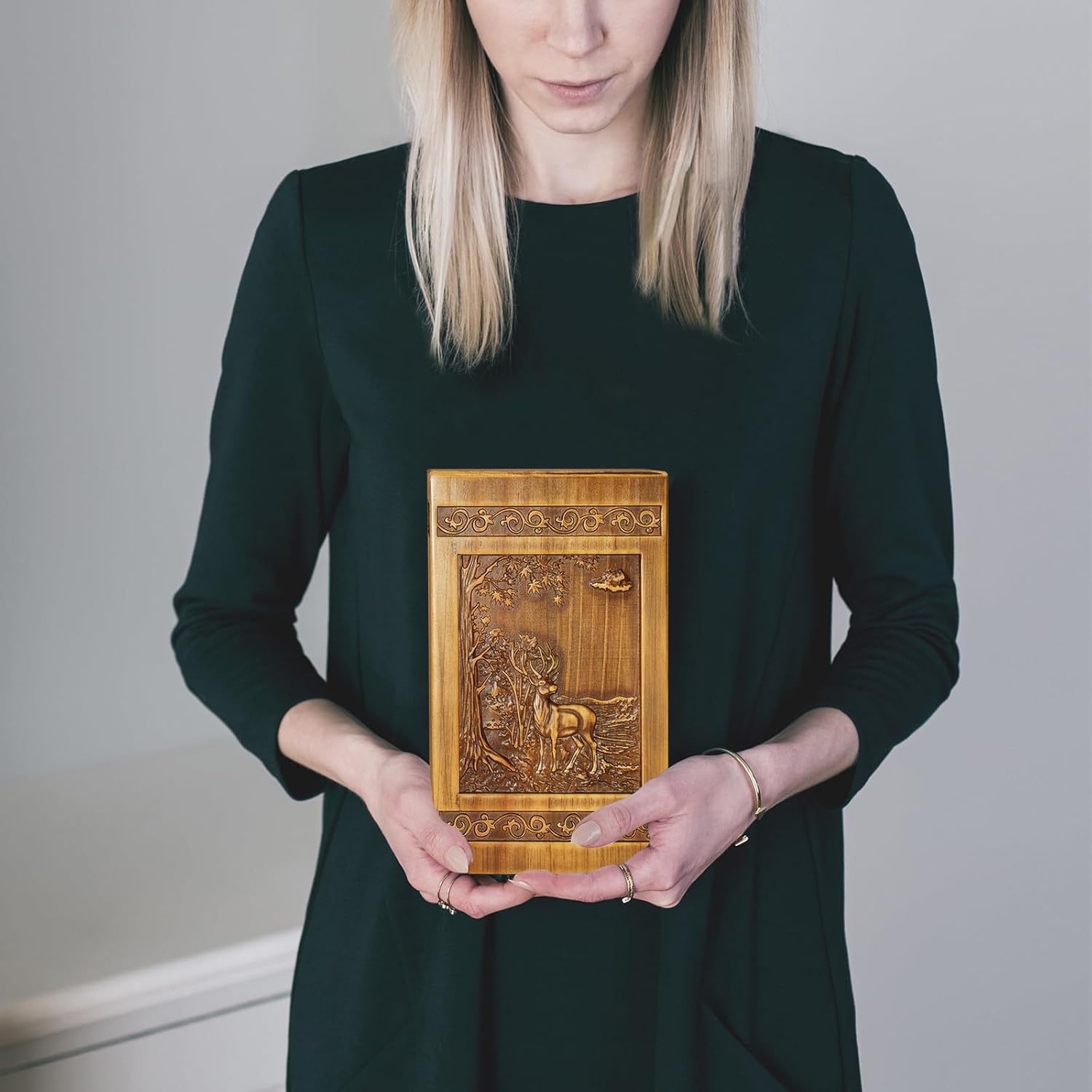 Wooden Cremation Urns for Human Ashes Adult Male Female Deer Carving Handmade Wood Funeral Decorative Memorial Urn Box, Holds 270 Cubic Inch - Image 7