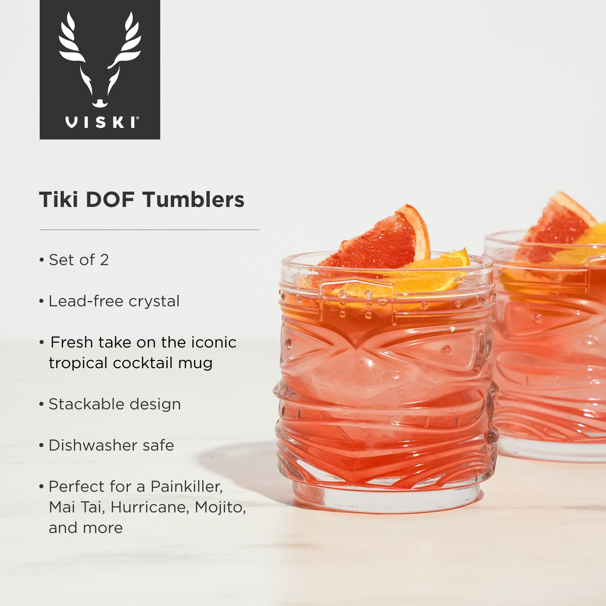 Viski Pacific Tiki Gläser Stapelbare Lowball DOF Tumbler, Tropische Cocktail und Bar Geschenke für Rum und Whiskey, 340 ml, 2 Stück (10856)