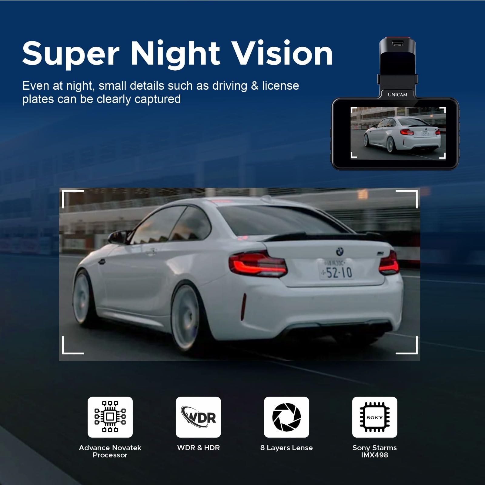 Unicam Skyline Pro Dash Cam| APP | Full HD 2K View with 120° Wide Angle| Car Camera| Large 3" Screen Dashcam with Night Vision | G-Sensor | Build in Battery 200mAH | Motion Detection 1
