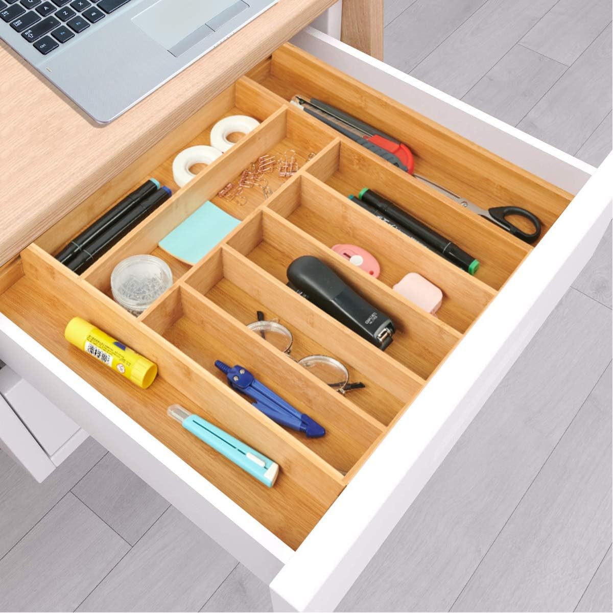 Bamboo Expandable Drawer Organizer for Kitchen Utensils ,Multifunctional Silverware Organizer/Flatware Drawer Organizer and Cutlery Tray for Silverware, Flatware, Knives .etc( 9 Slots ,Natural)