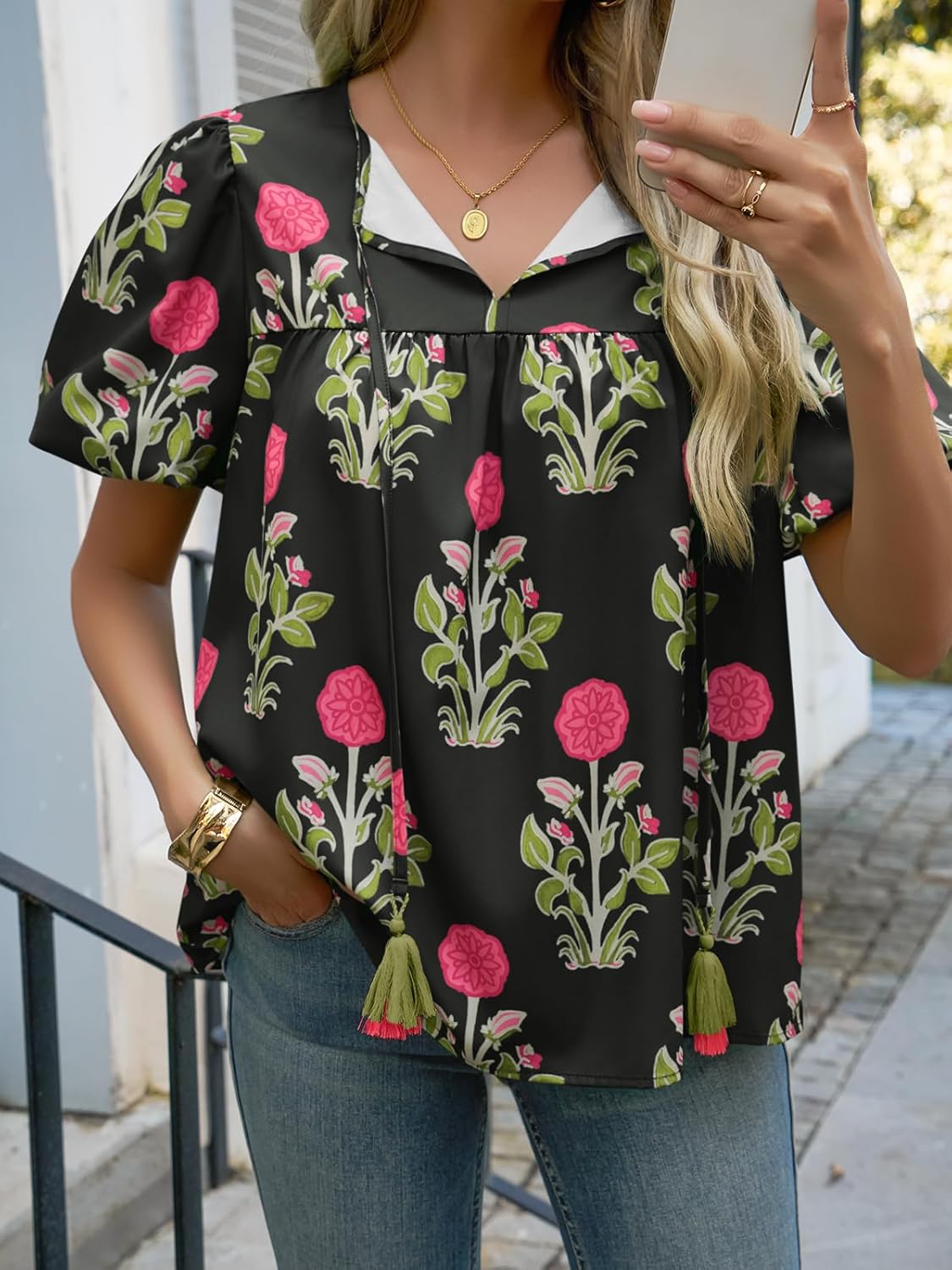 Cicy Bell Womens Boho Floral Blouses Short Puff Sleeve V Neck Babydoll Shirts Flowy Tie Front Tops - Image 2