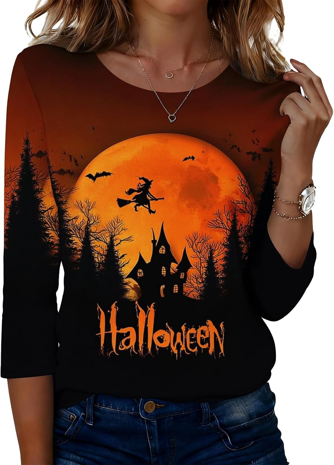 Women Halloween 3/4 Sleeve T-Shirts Crew Neck Graphic Cute Tops | Womens Loose Fit Blouses, Holiday Casual T Shirts, Halloween Tunic, 2000S Clothing