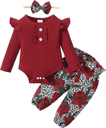 Mioglrie Newborn Infant Baby Girl Clothes Romper Pants Set Cotton Floral Outfits Baby Clothes for Girls