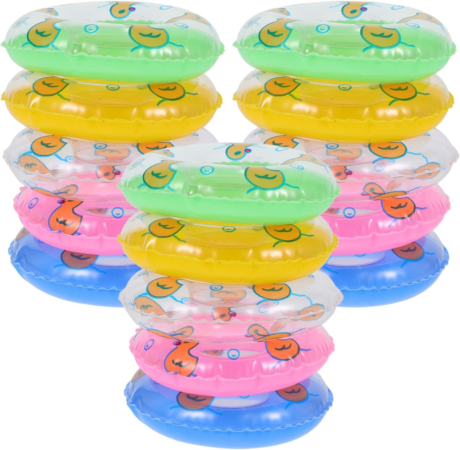 Veemoon 15pcs Mini Inflatable Rings Swimming Pool Toys Kids Swimming Rings Mini Pool Cartoon Print Miniature Home Decorations Dollhouse Ornaments