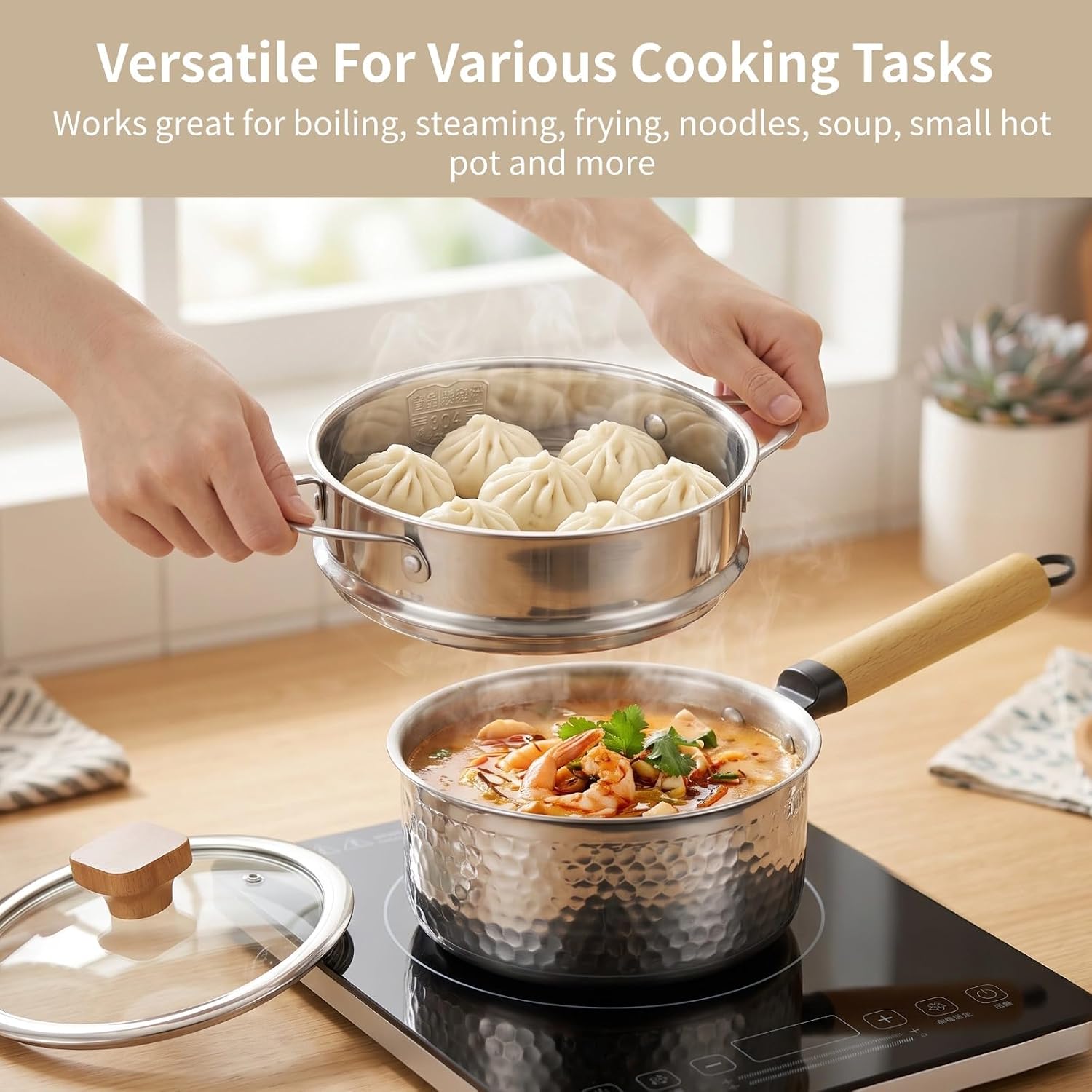 2 Qt Hammered Stainless Steel Saucepan with 6.3 in Steamer Basket, 316 Multi-layer Composite Steel Saucepan with Heat-Resistant Wood Handle & Glass Lid, Milk Pot for Cooking
