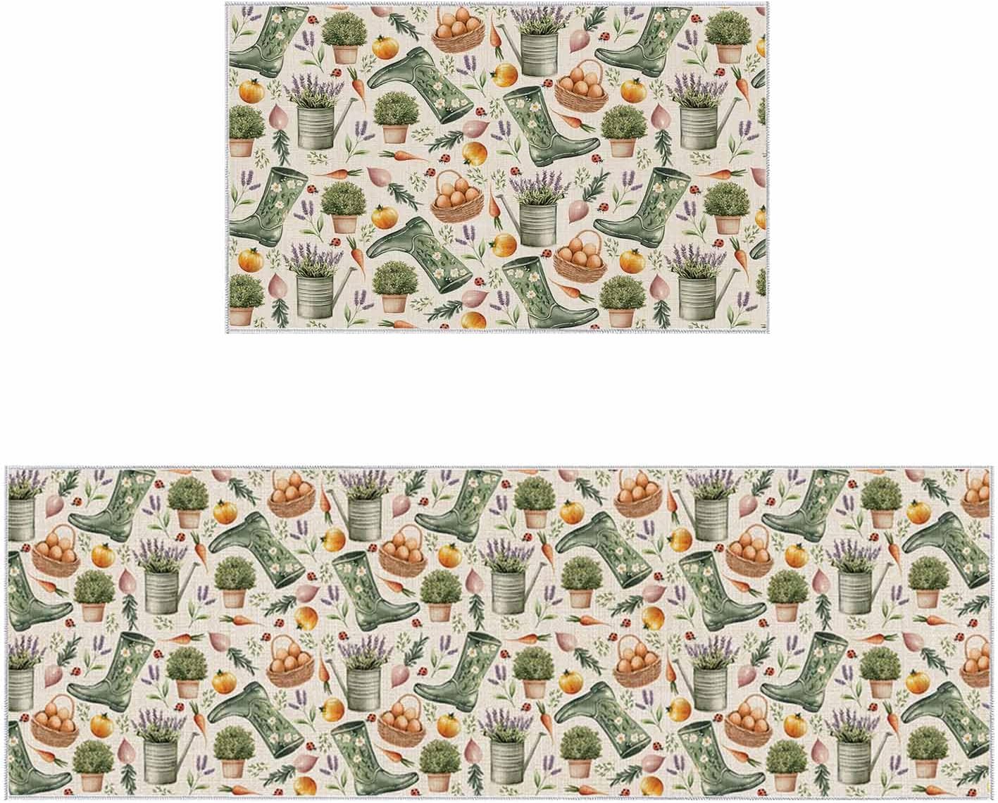 2 Pieces Kitchen Rugs and Mats,Seamless Boot Egg Floral Carrot Area Runner Rug Set Non Slip Floor Doormat Washable Carpet Standing Mat for Kitchen Sink Indoor Corridor,Vintage Linen Rustic Theme
