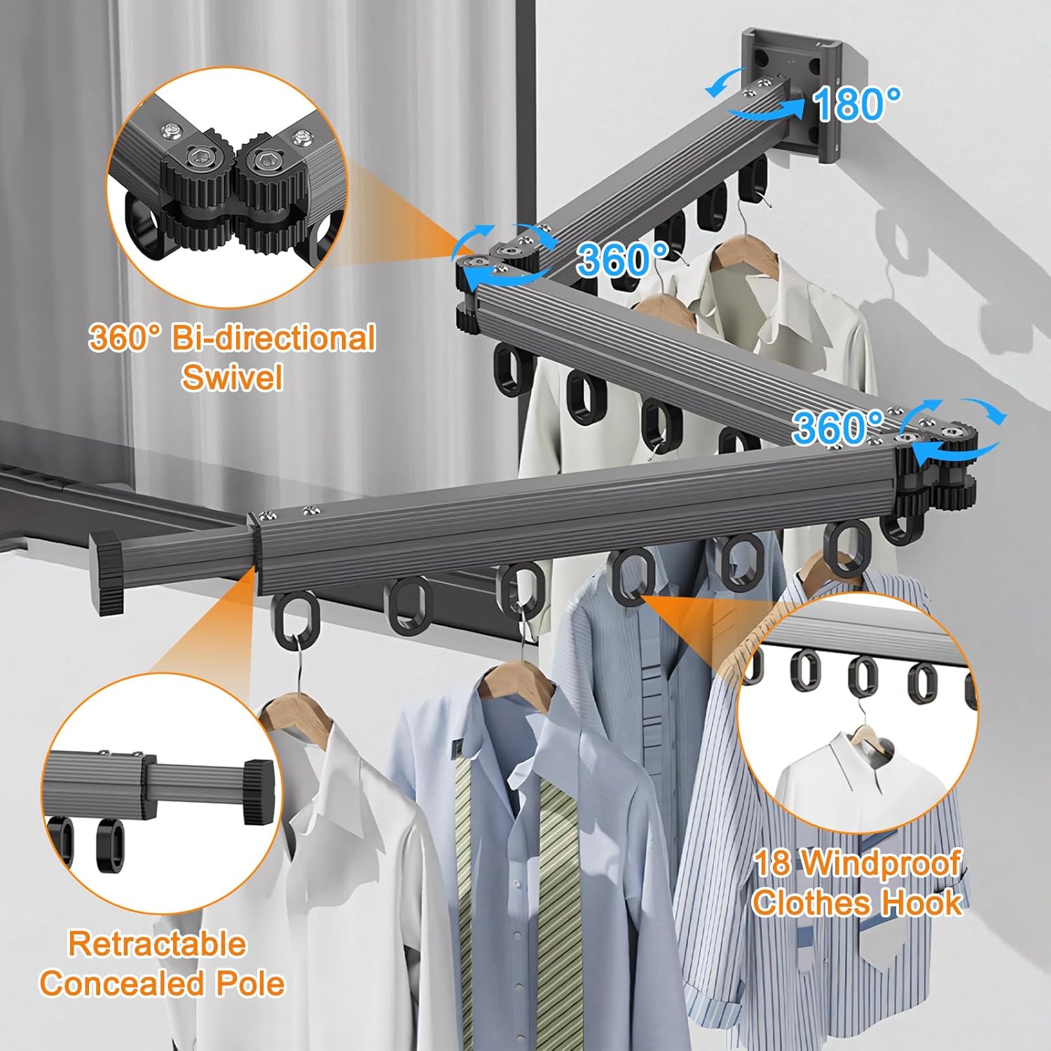 NCONCO Wall Mounted Clothes Drying Rack with 18 Windproof Hooks Trifold Expandable Laundry Hanger Dryer Rack Foldable Hanging Organizer for Clothing for Balcony Bathroom