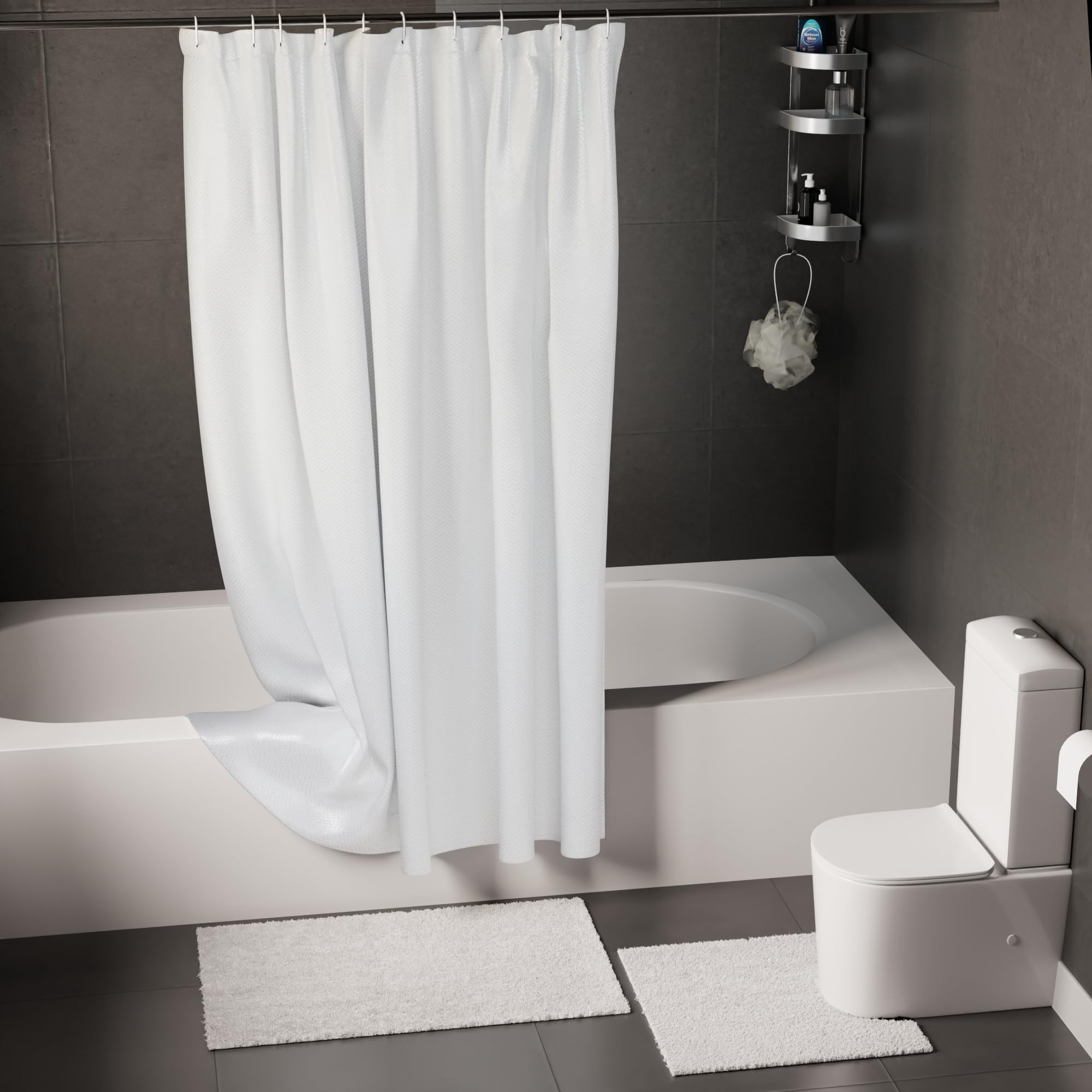 Encasa XO Bathroom Combo | Waterproof Shower Curtain 7 Feet - (183x213 cm), 12 Hooks Included with Anti-Skid Cotton Bathmat (80x50 cm) & U-Shaped Contour Rugs (45x45 cm) | ZZ White Combo-image-24