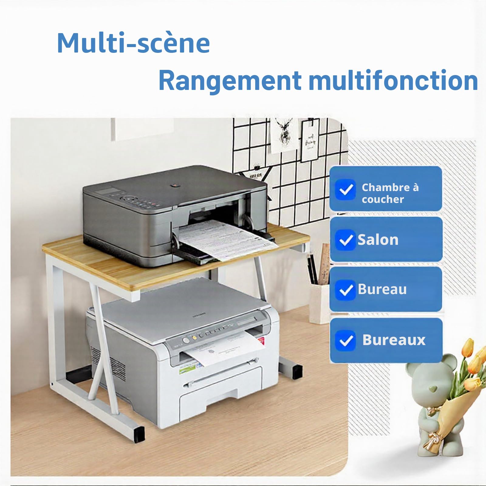 Meuble Imprimante Bureau,Support Imprimante 2 Niveaux en Bois | Étagère de Rangement Multifonctionnelle pour Fax,Scanner,Dossiers,Gain de Place pour Maison et Office