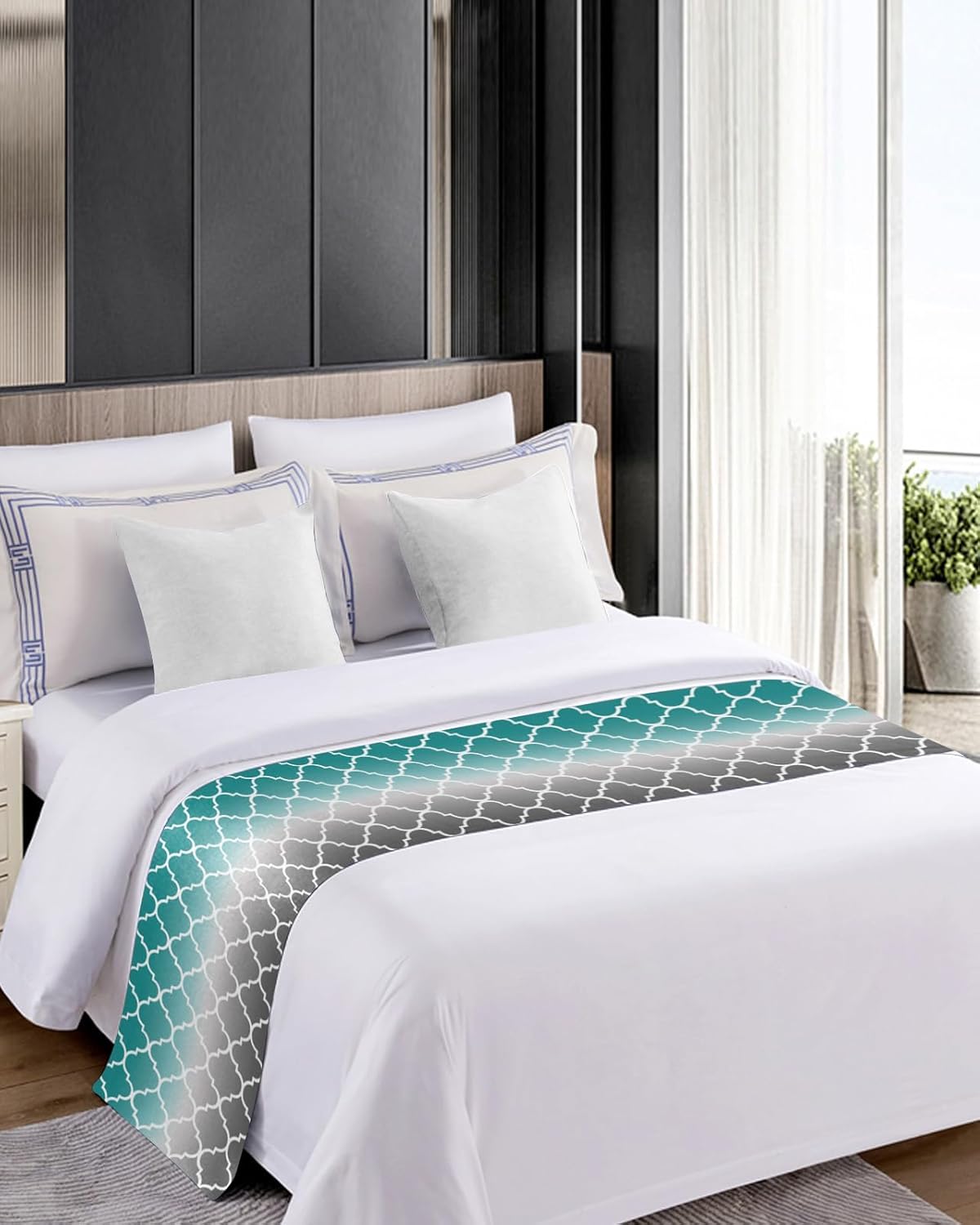 Teamery Bed Runners & Scarves, Retro Moroccan Pattern Turquoise and Gray Gradient Bed Runner, Bed Scarf Protector Decorative Accent Bedding Scarf for Hotels Homes and Guestrooms, 83 x 20 inches