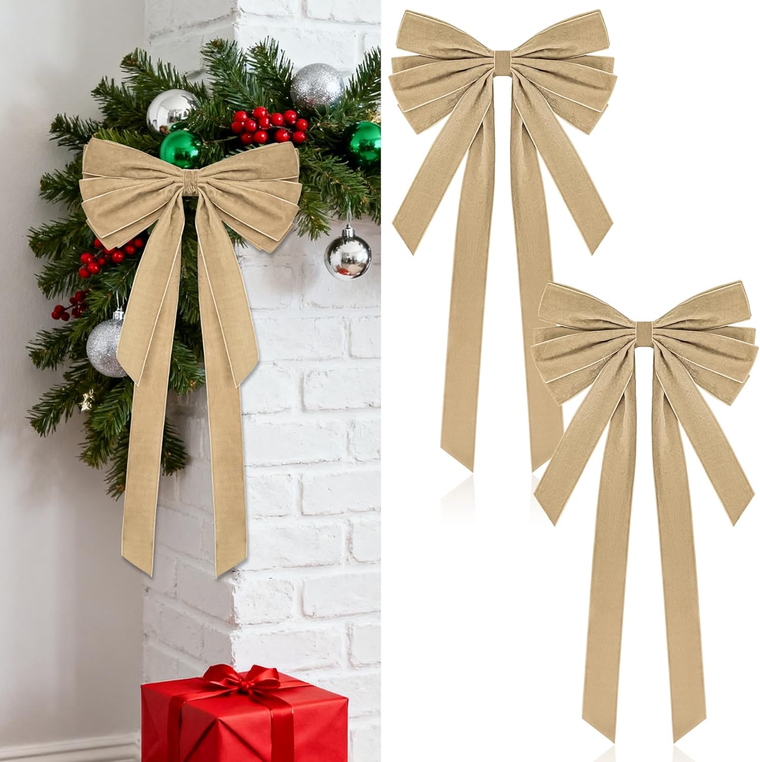 2 Pcs Large Christmas Velvet Bows 10" x 27.5" Christmas Bows Tree Ornament Xmas Velvet Ribbon Bow for Gift Wrapping Wreaths Garland Holiday Home Front Door Decor (Khaki)