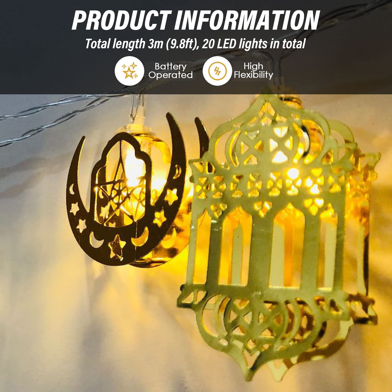 Ramadan Licht Ster Maan Lichtketting - 100 LED's Ramadan Decoratief Feeënlicht - 3,5 m Ramadan Licht Ster Maan Lichtketting - 100 LED's Ramadan Decoratief Feeënlicht - 3,5 m