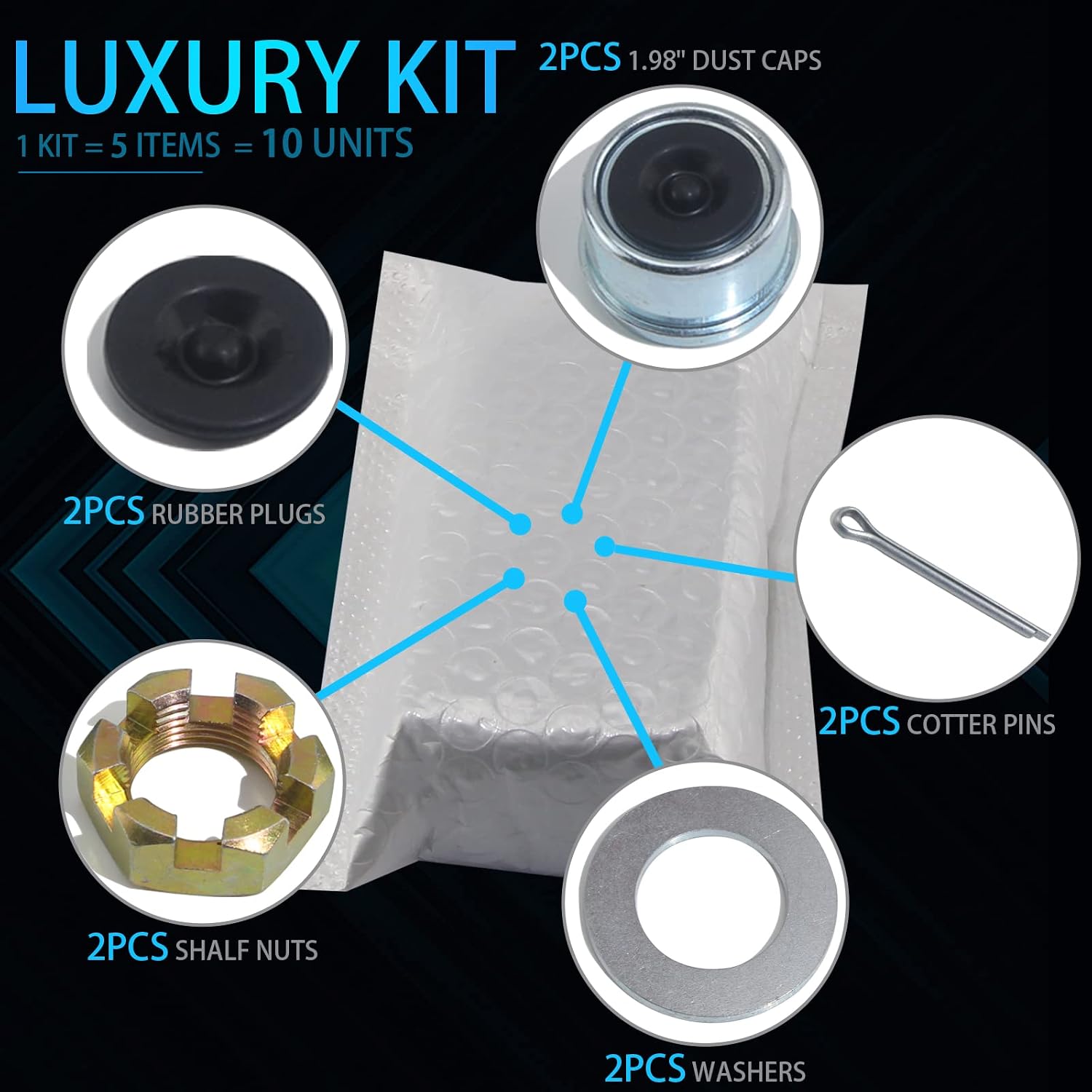 iBroPrat 2Set Trailer Nut Kits 1" Spindle Shaft Can-am Castle Nuts 1" Washers 2.25" Cotter Pins 1.98" Dust Covers and Rubber Plugs for 1" Shaft Spindle