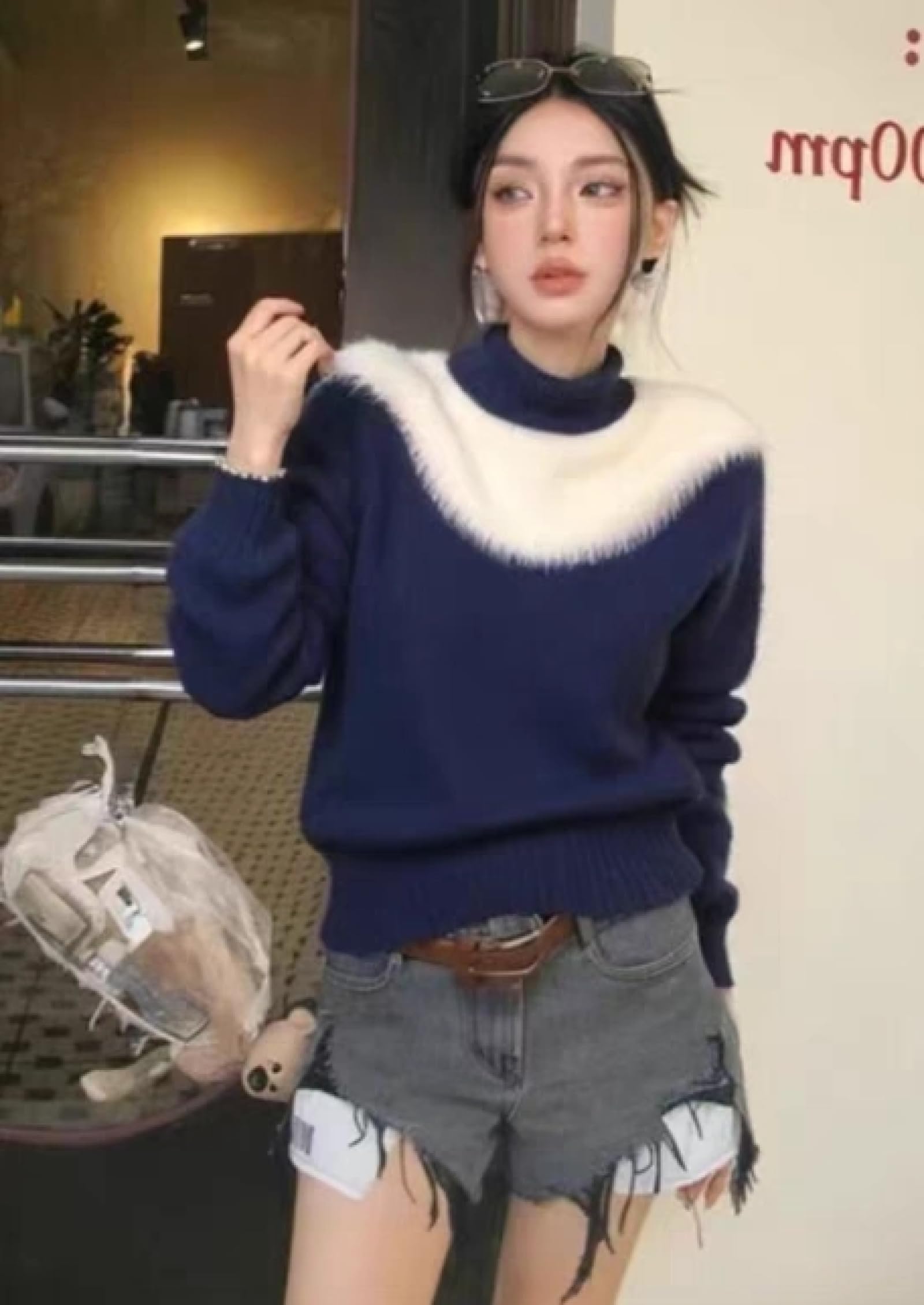 Puszysty sweter z moheru dla kobiet, miękki, puszysty, szenilowy, granatowy, lekki, damski sweter z golfem, do pracy, luźny