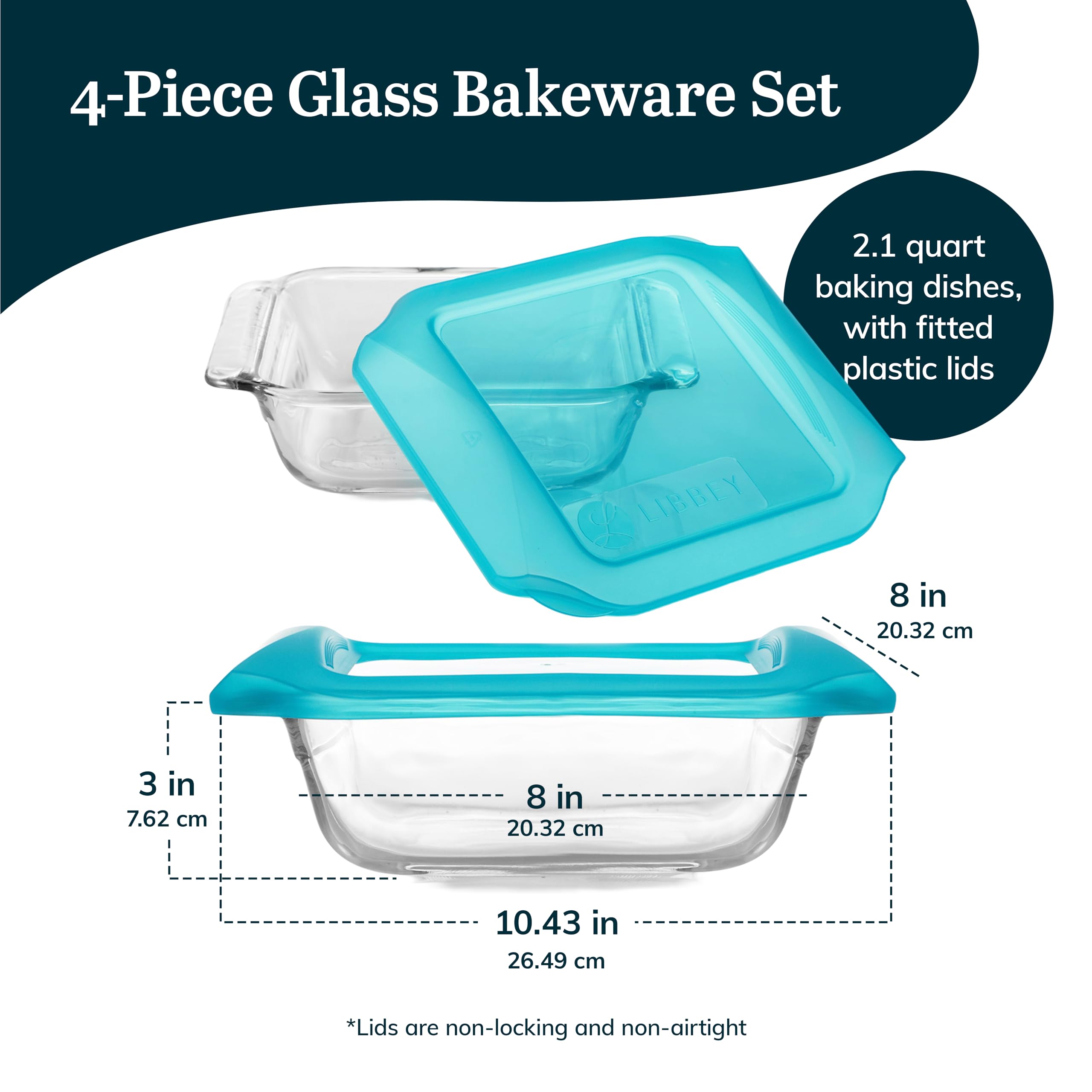 Libbey Baker's Premium 20,3 x 20,3 cm Glas-Backform mit Deckel, stapelbare Backformen mit GreatGrip-Griffen, langlebige quadratische Auflaufformen mit Deckel, 20,3 x 20,3 cm