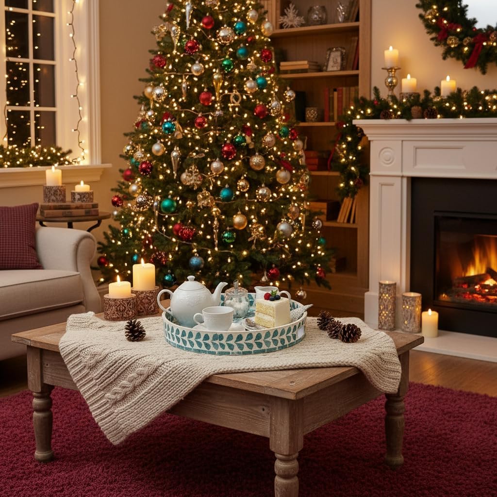 PEMAR 12.6” Mother of Pearl Round Serving Tray with Handles, Decorative Nacred Wooden Ottoman Coffee Table Tray (Teal Floral Pattern)