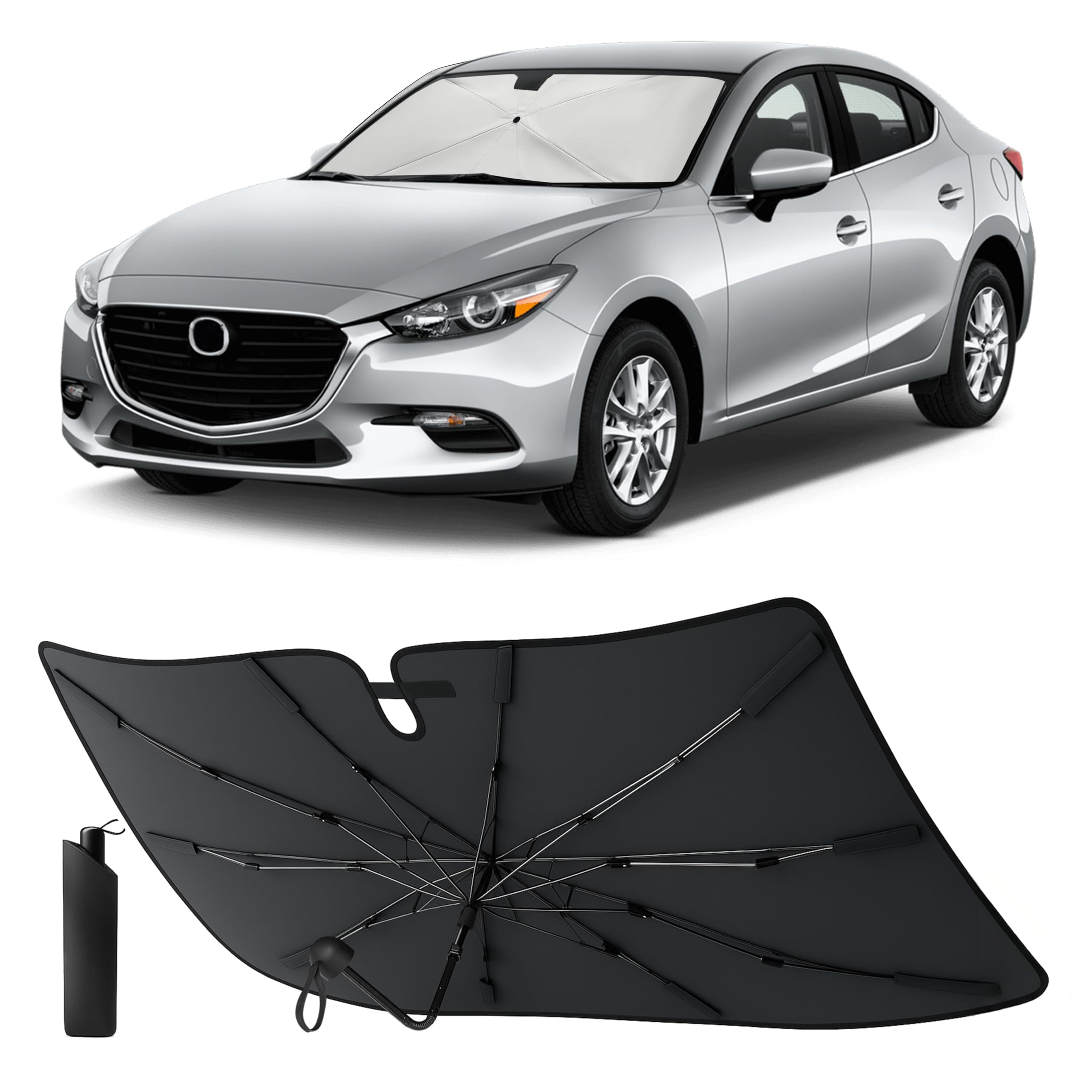 EcoNour Umbrella Foldable Windshield Sun Shade Fit for 2014-2016 2017 2018 Mazda 3 Sunshade, Front Car Window Shades Sun Visor, UV Protection, Heat Blocker, Car Accessories