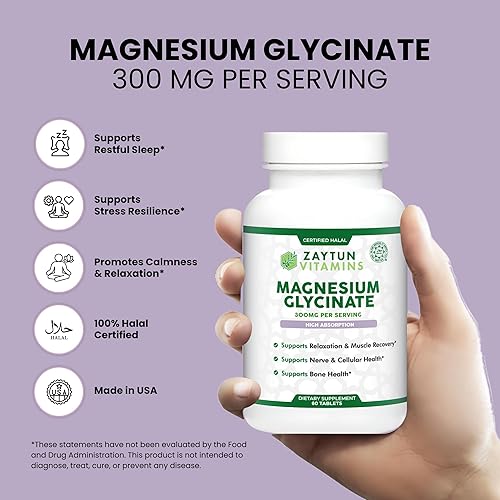 Miniatura 3 de Zaytun Halal Glicinato de magnesio 300 mg, alta absorción, sin gluten y gelatina, sin OMG, vegetariano, 60 tabletas, fabricado en Estados Unidos